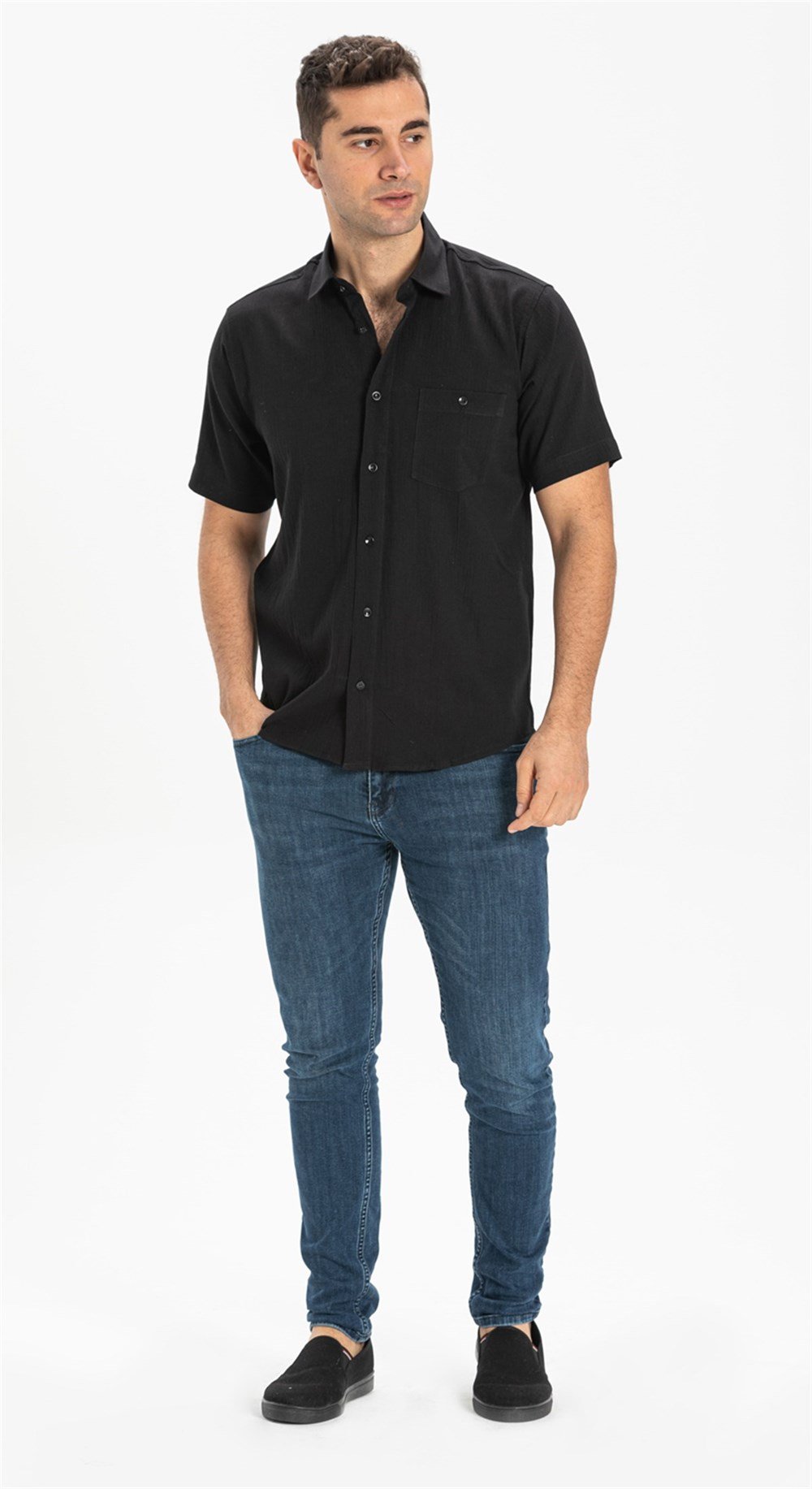 Büyük Beden Kısa Kol Şile Bezi Erkek Gömlek Siyah 3003