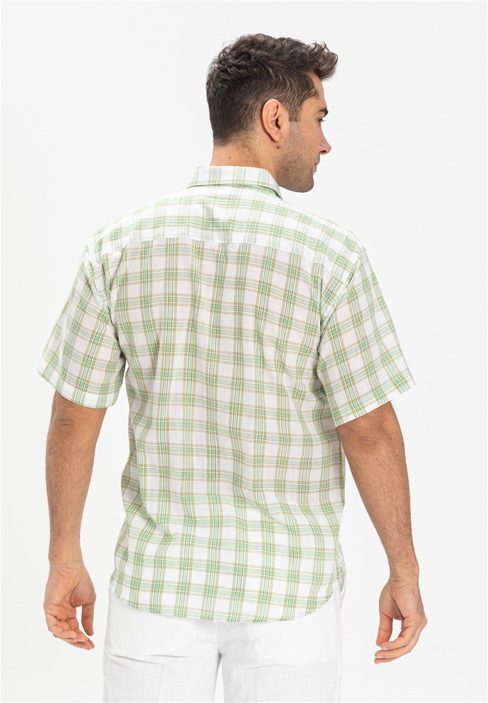 Büyük Beden Kısa Kol Şile Bezi Erkek Gömlek Yeşil Ekose 3063