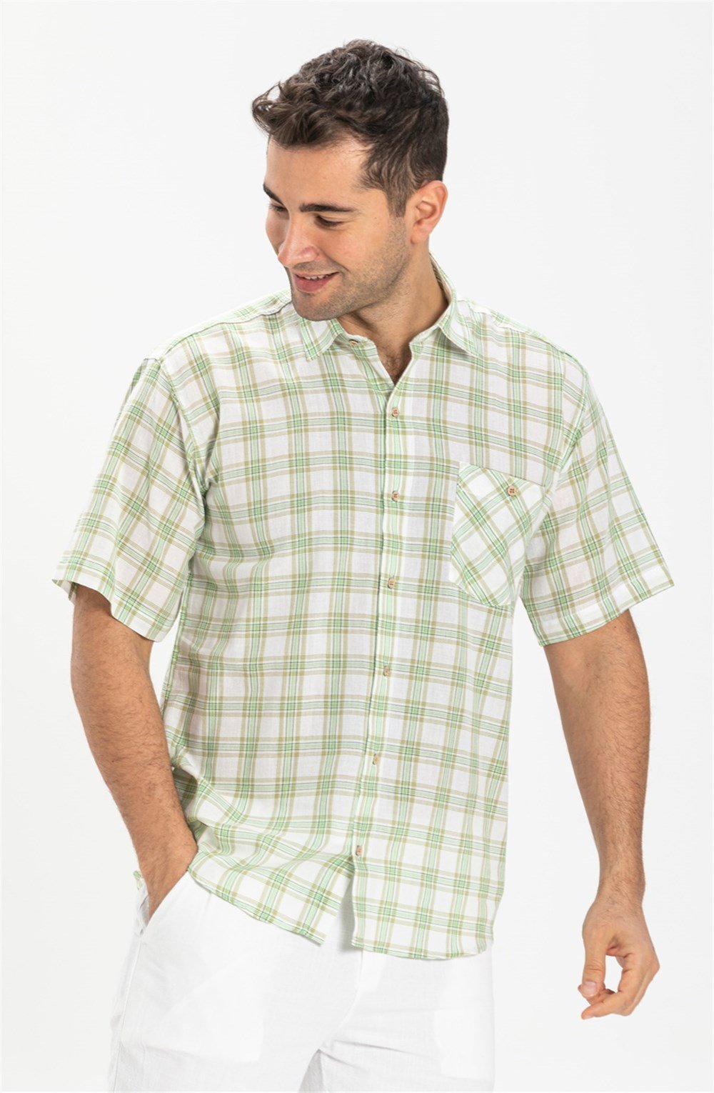 Büyük Beden Kısa Kol Şile Bezi Erkek Gömlek Yeşil Ekose 3063