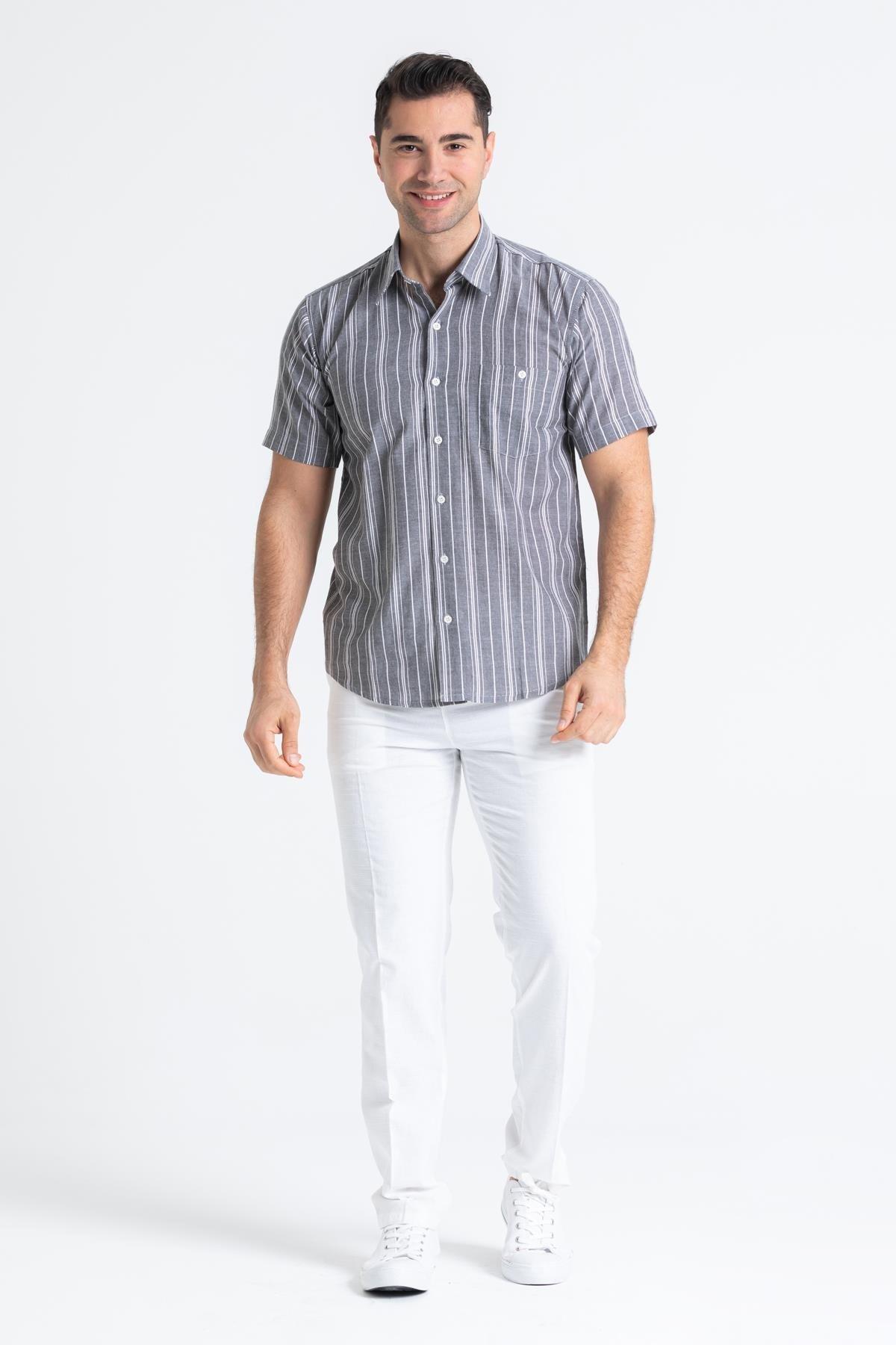 Büyük Beden Kısa Kol Şile Bezi Tek Cepli Erkek Yazlık Gömlek Gri Beyaz Çizgili 3078