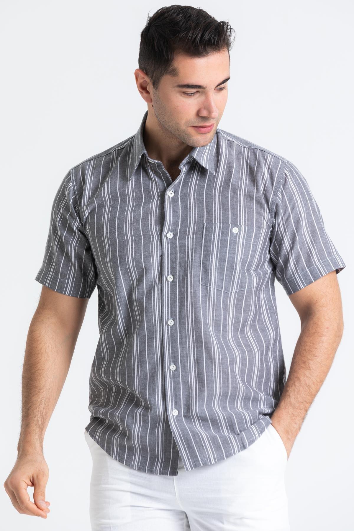 Büyük Beden Kısa Kol Şile Bezi Tek Cepli Erkek Yazlık Gömlek Gri Beyaz Çizgili 3078