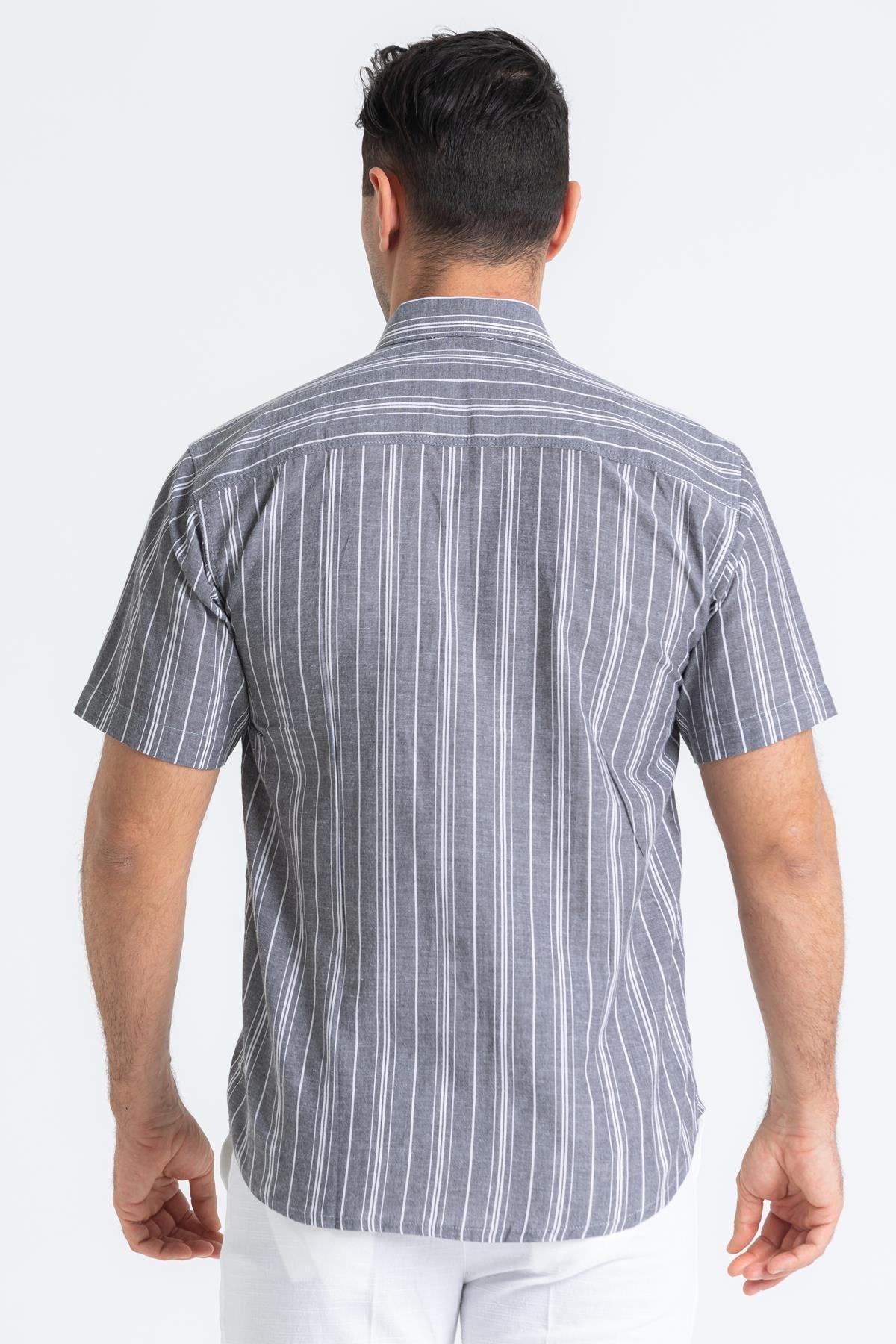 Büyük Beden Kısa Kol Şile Bezi Tek Cepli Erkek Yazlık Gömlek Gri Beyaz Çizgili 3078
