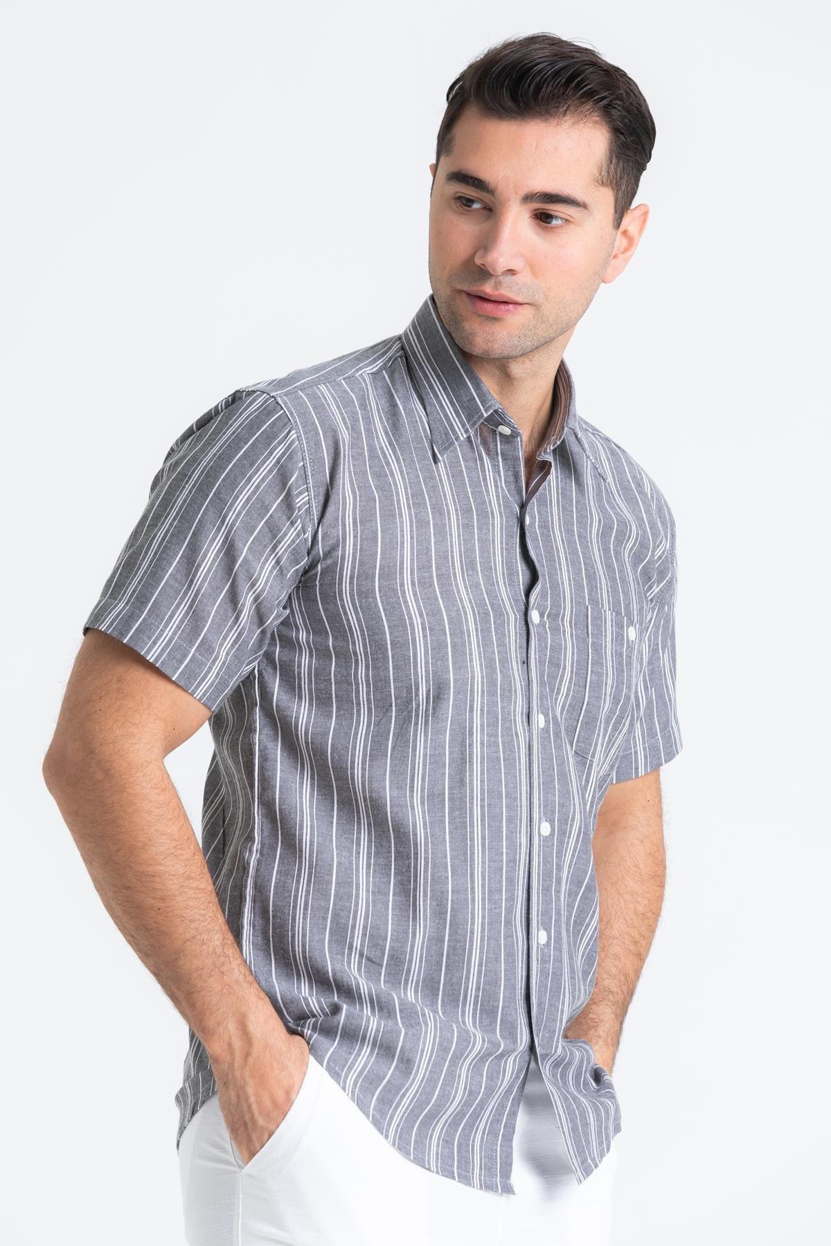 Büyük Beden Kısa Kol Şile Bezi Tek Cepli Erkek Yazlık Gömlek Gri Beyaz Çizgili 3078