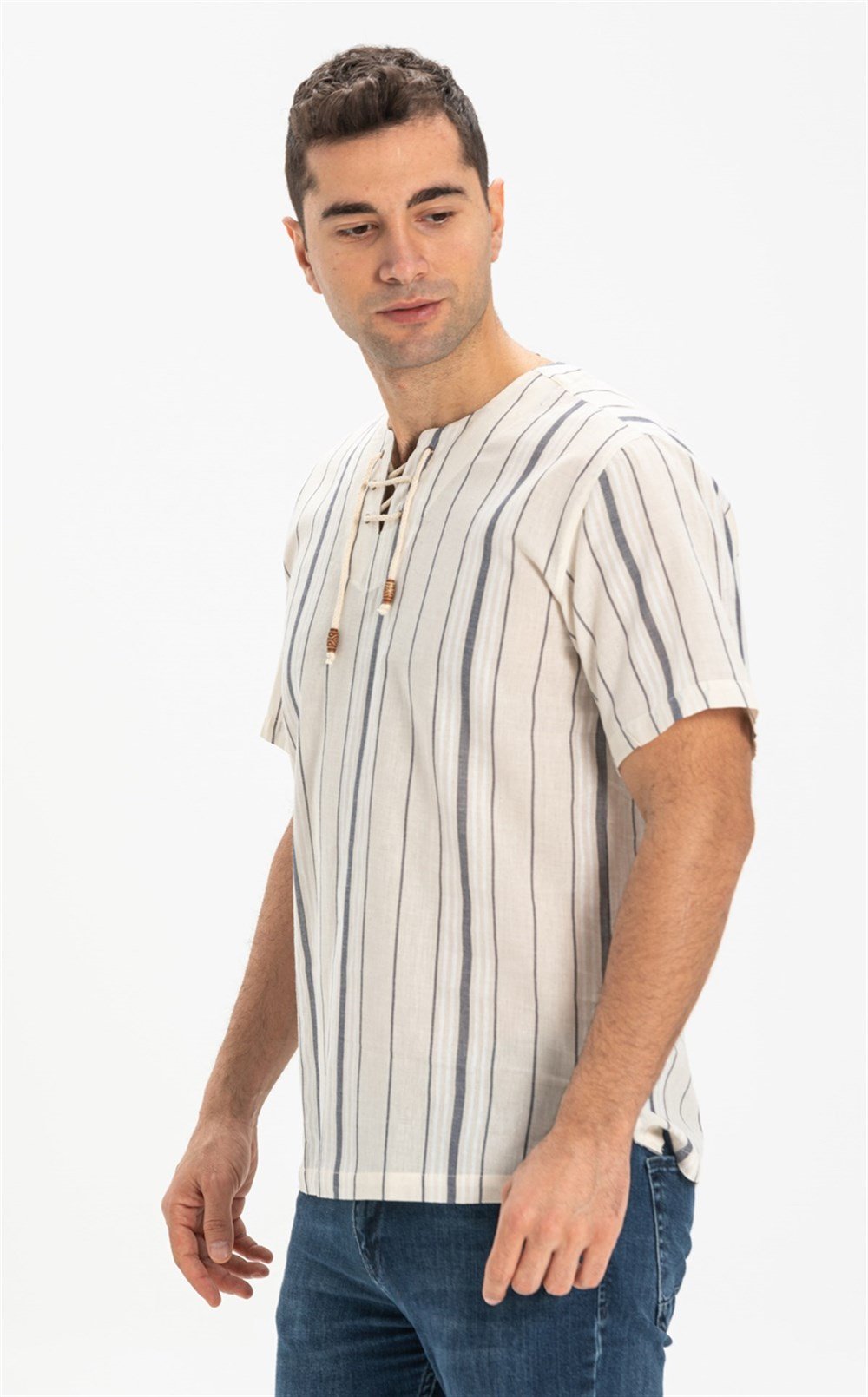 Büyük Beden Kısa Kol Şile Bezi Zımbalı Erkek Tshirt Ekru Gri Çizgili 3028