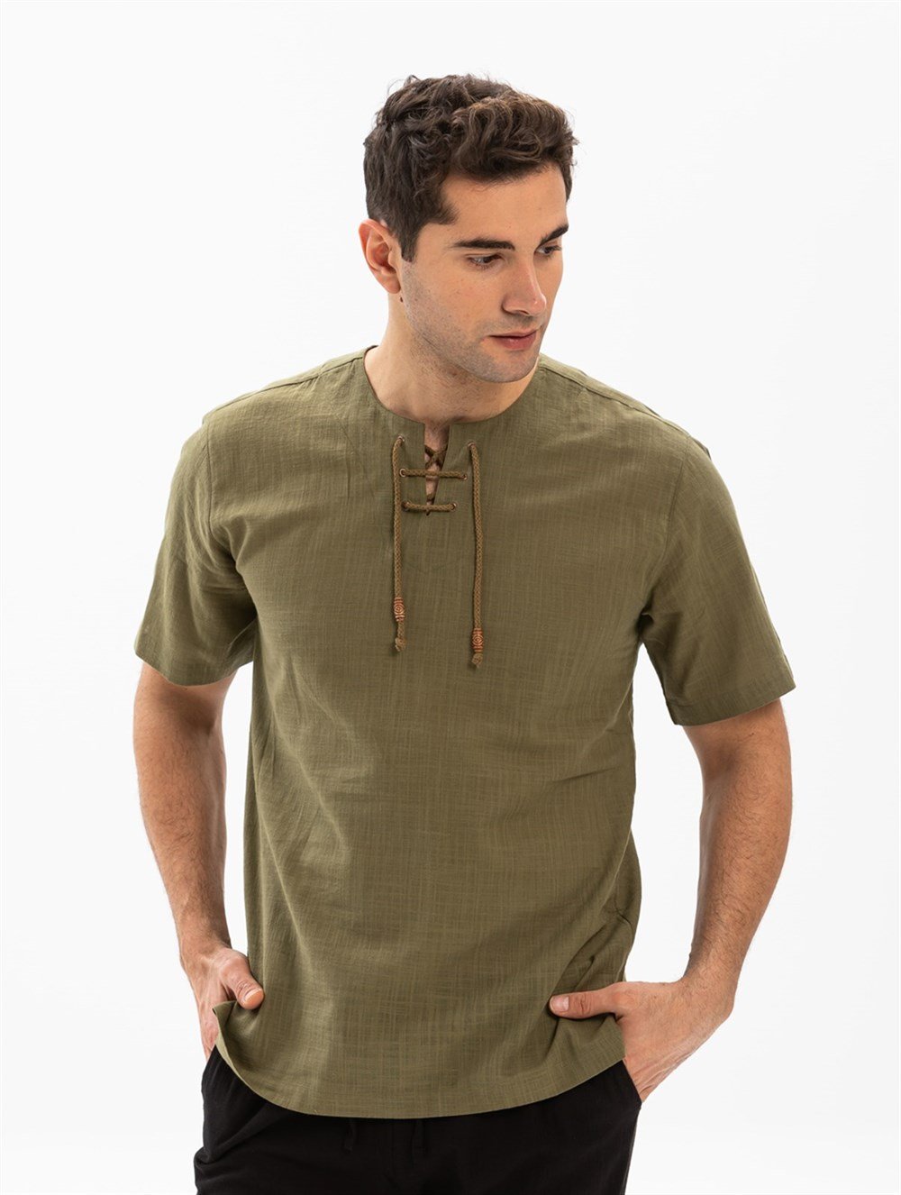 Büyük Beden Kısa Kol Şile Bezi Zımbalı Erkek Tshirt Haki 3049