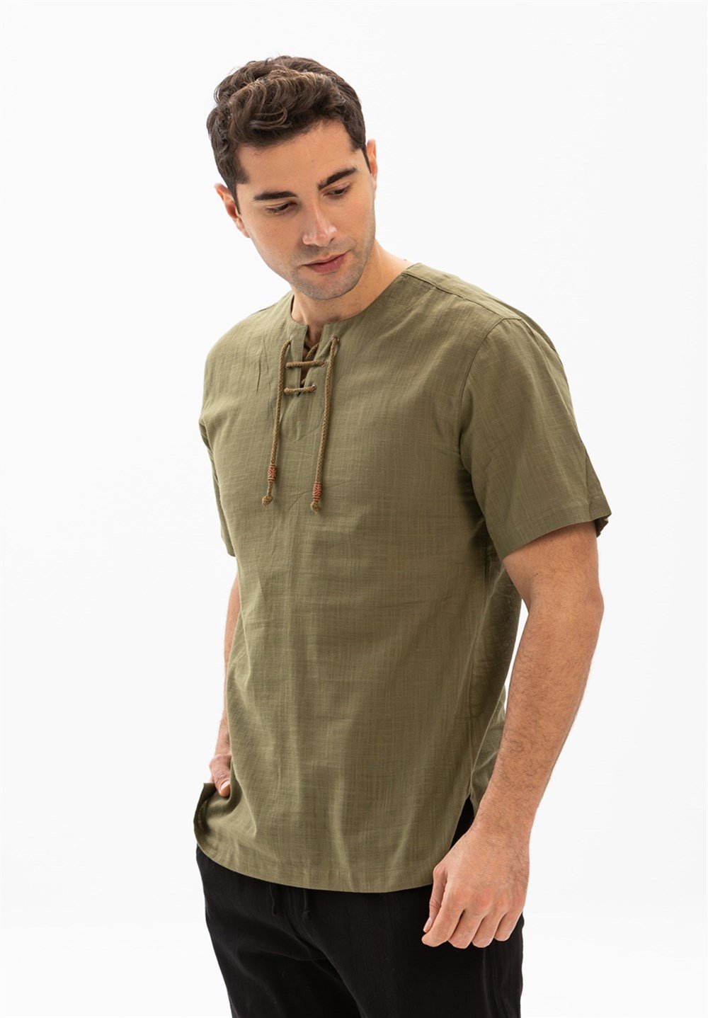 Büyük Beden Kısa Kol Şile Bezi Zımbalı Erkek Tshirt Haki 3049