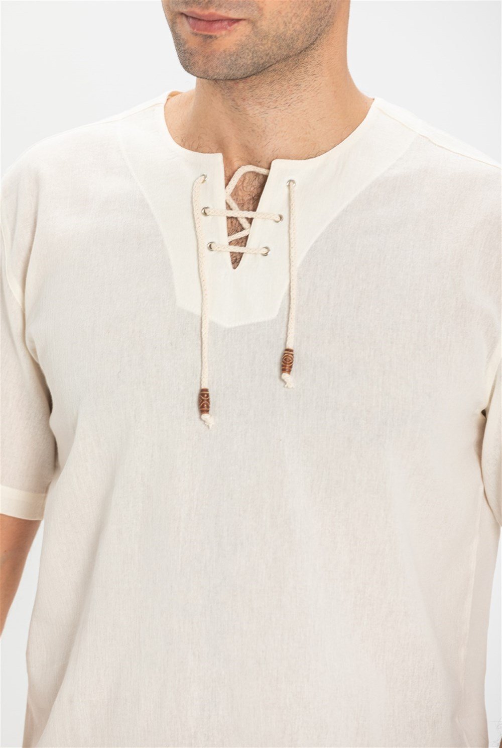 Büyük Beden Kısa Kol Şile Bezi Zımbalı Erkek Tshirt Krem 3002