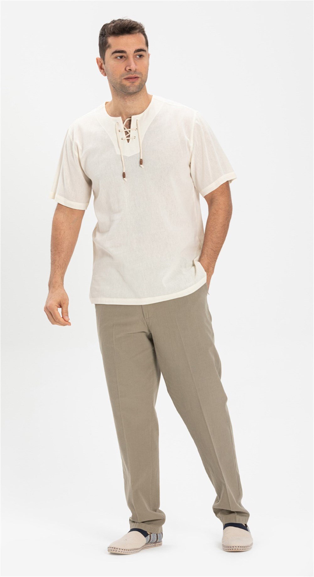 Büyük Beden Kısa Kol Şile Bezi Zımbalı Erkek Tshirt Krem 3002
