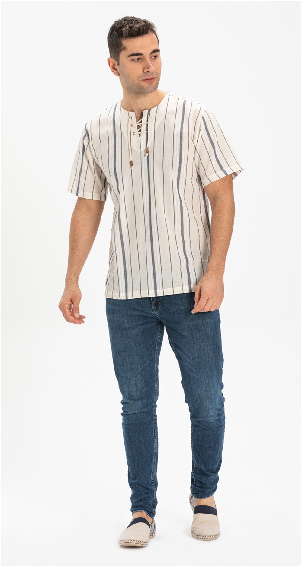 Büyük Beden Kısa Kol Şile Bezi Zımbalı Erkek Tshirt Ekru Gri Çizgili 3028