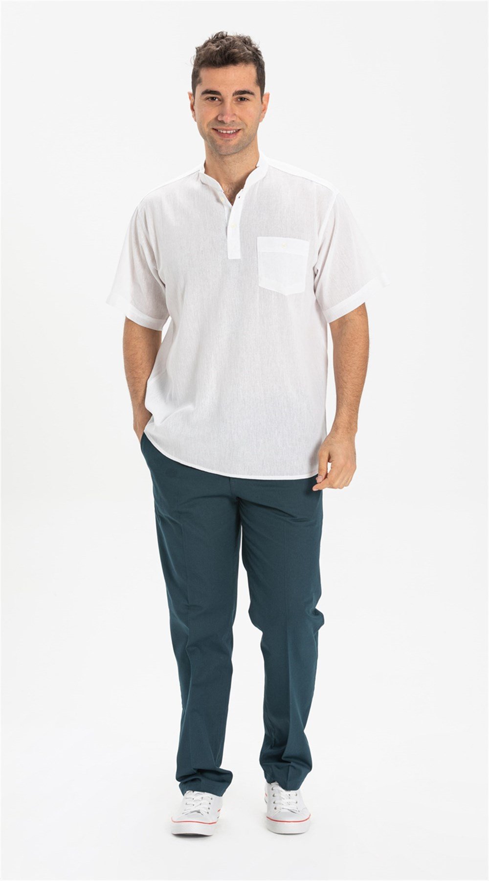 Büyük Beden Şile Bezi Kısa Kol Hakim Yaka Erkek Tshirt Beyaz 3001