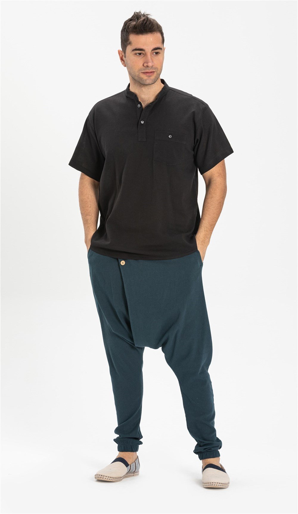 Büyük Beden Şile Bezi Kısa Kol Hakim Yaka Erkek Tshirt Siyah 3003