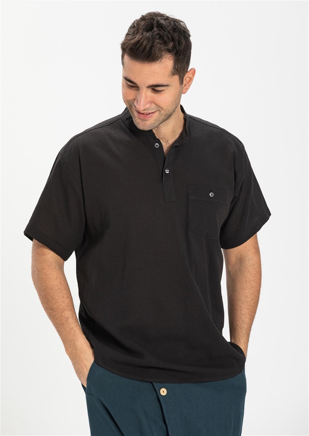 Büyük Beden Şile Bezi Kısa Kol Hakim Yaka Erkek Tshirt Siyah 3003