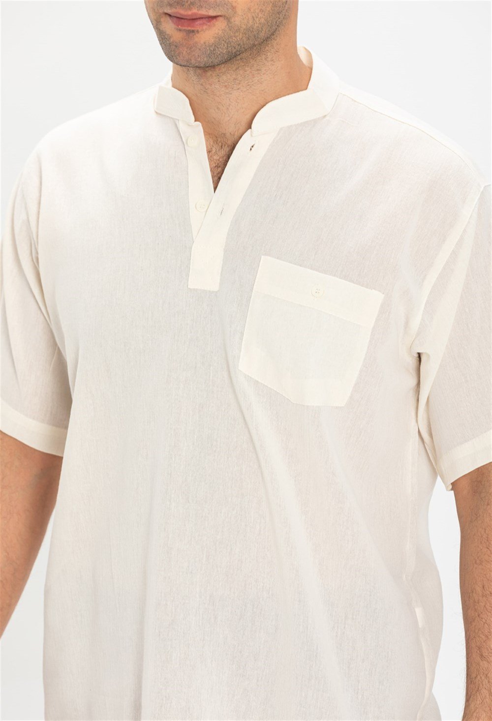 Büyük Beden Şile Bezi Kısa Kol Hakim Yaka Erkek Tshirt Krem 3002