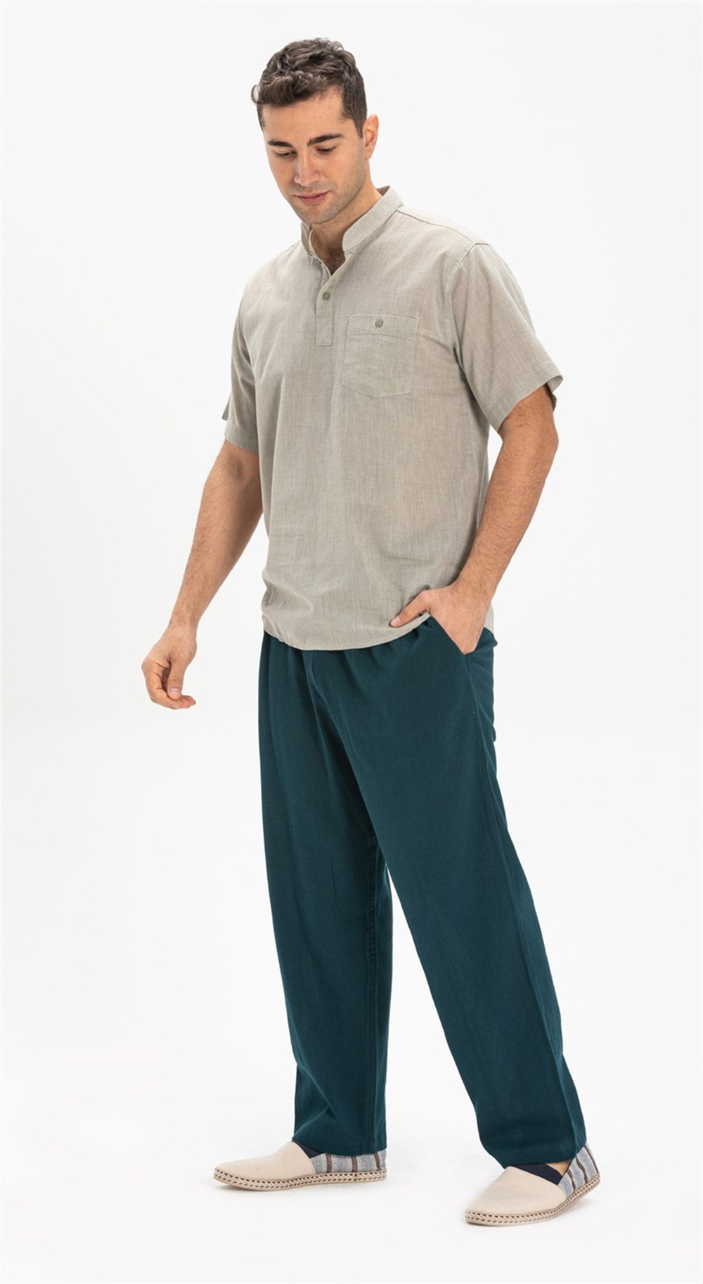 Büyük Beden Şile Bezi Kısa Kol Hakim Yaka Erkek Tshirt Taş 3031