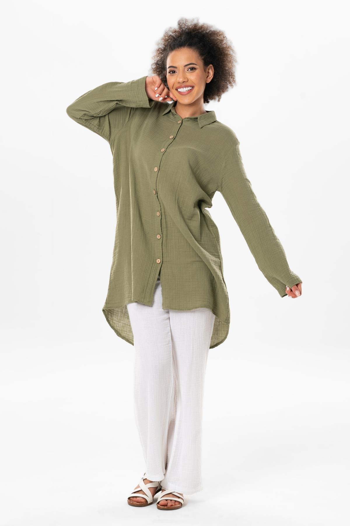 Büyük Beden Uzun Kol Sedanur Gömlek Yaka Yazlık Müslin Tunik Haki Hk