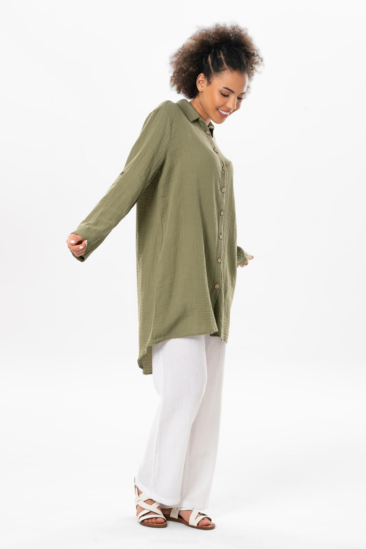 Büyük Beden Uzun Kol Sedanur Gömlek Yaka Yazlık Müslin Tunik Haki Hk