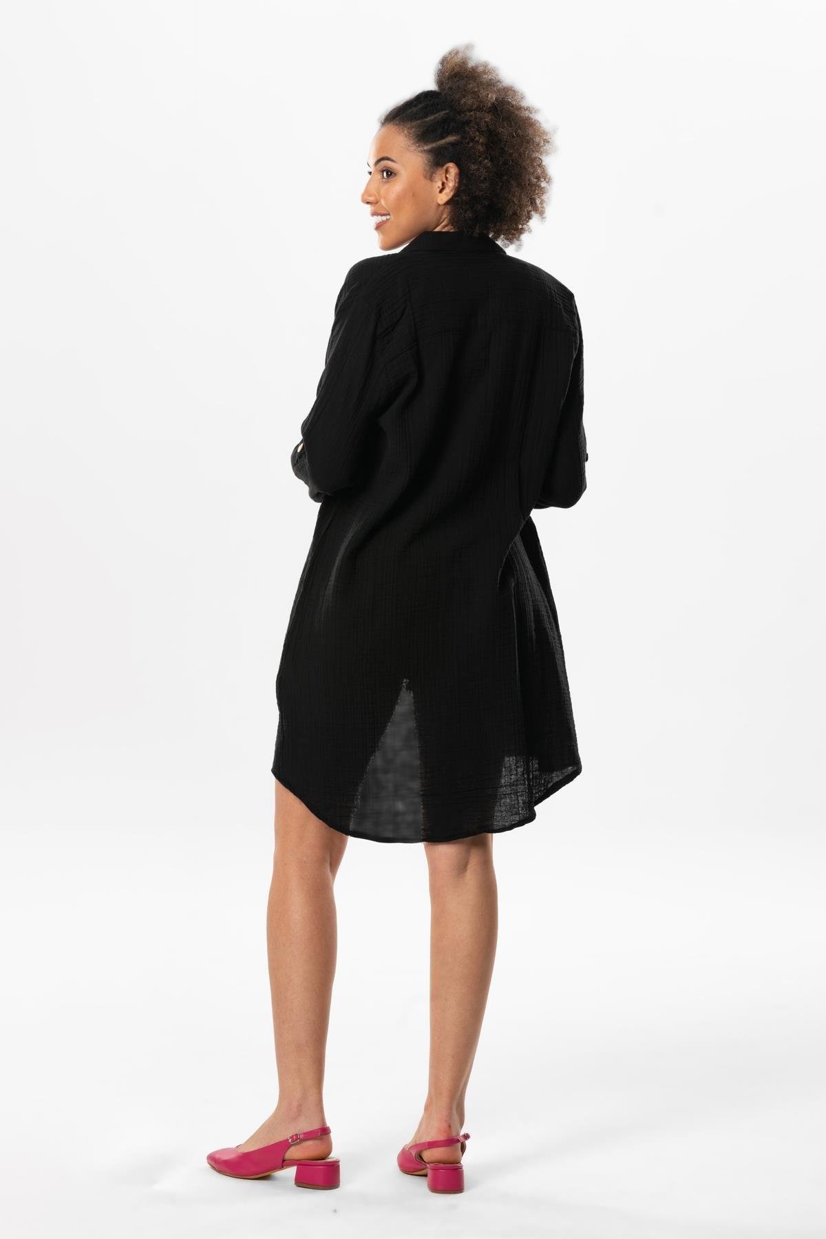 Büyük Beden Uzun Kol Sedanur Gömlek Yaka Yazlık Müslin Tunik Siyah Syh