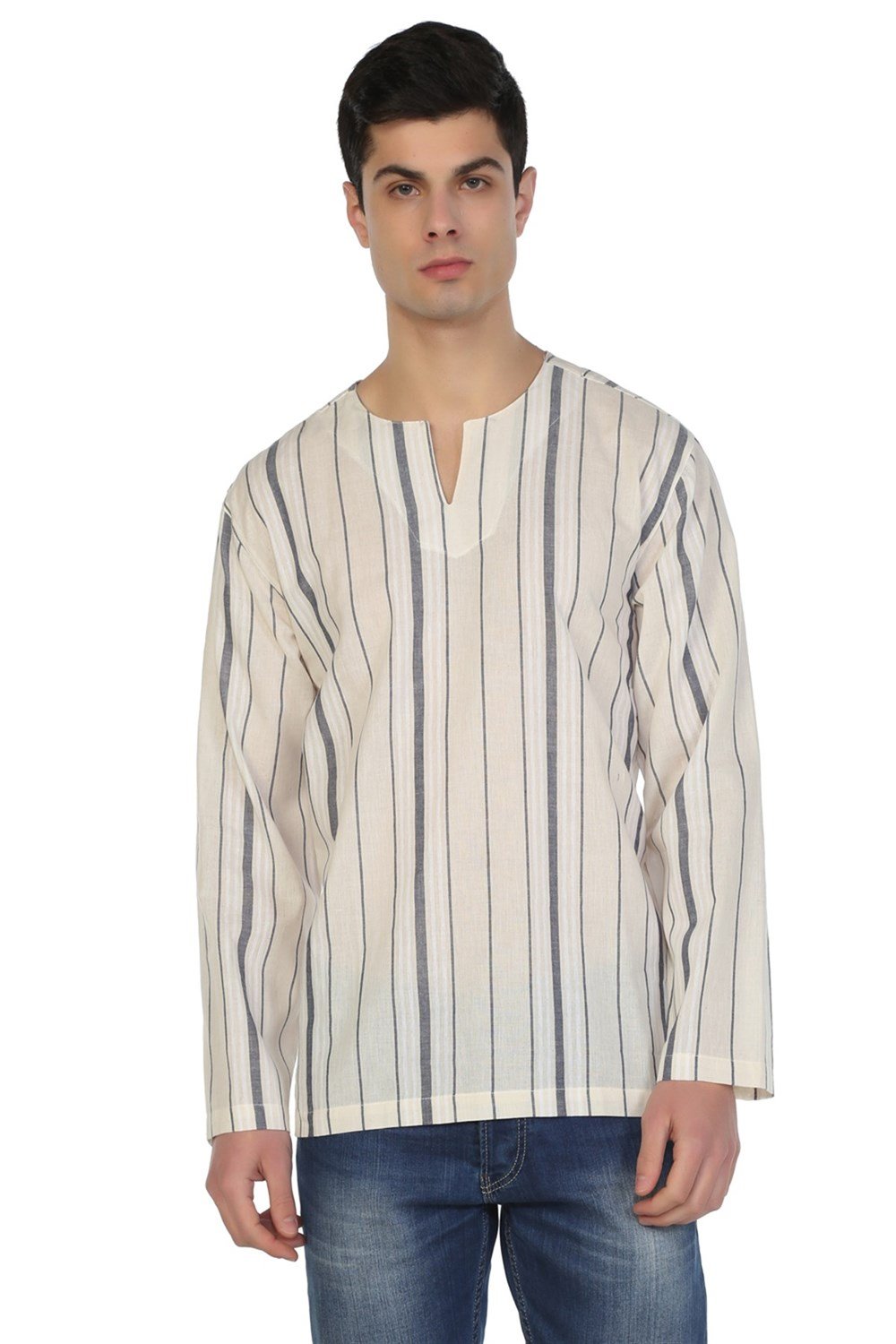 Büyük Beden Uzun Kol Şile Bezi Bisiklet Yaka Erkek Tshirt Ekru Gri Çizgili 3028