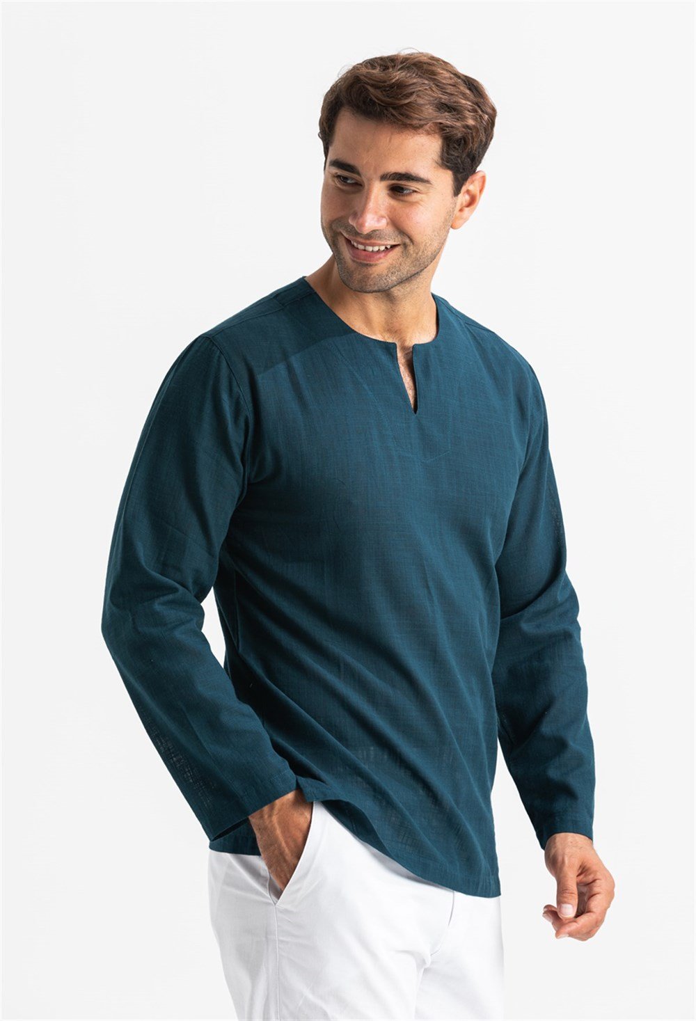 Büyük Beden Uzun Kol Şile Bezi Bisiklet Yaka Erkek Tshirt Koyu Petrol 3069