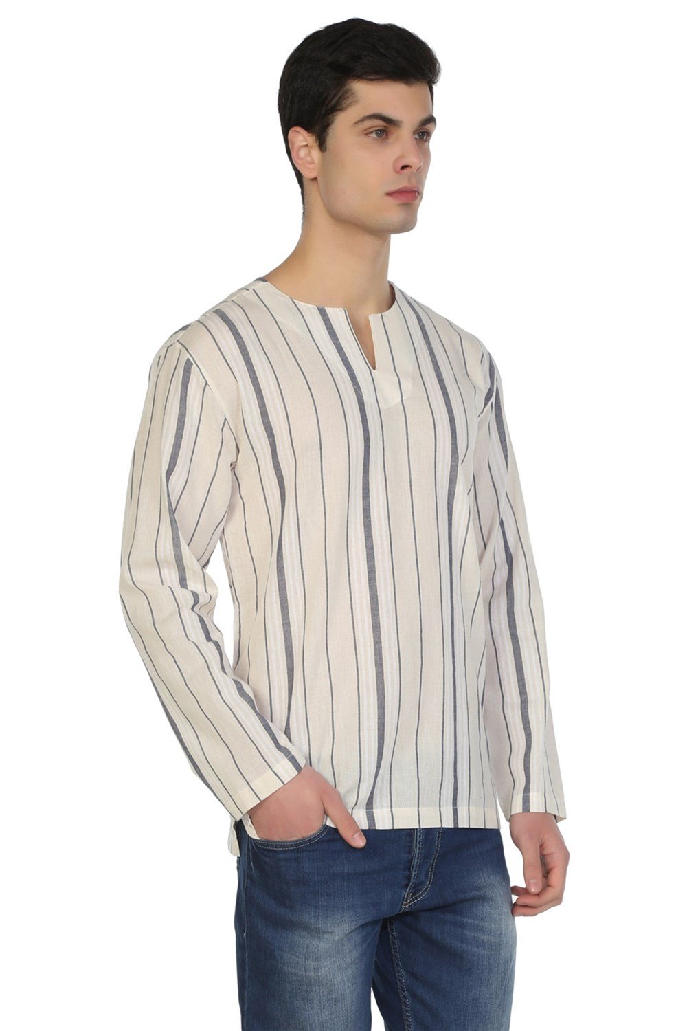 Büyük Beden Uzun Kol Şile Bezi Bisiklet Yaka Erkek Tshirt Ekru Gri Çizgili 3028