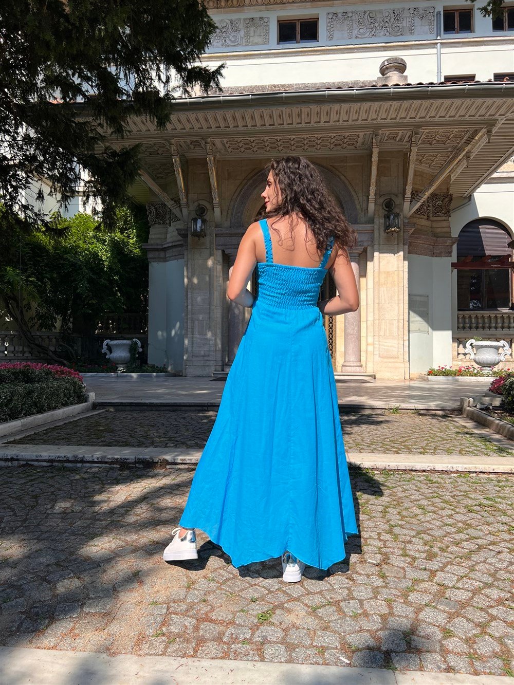Emel Vual Uzun Elbise Turkuaz Trkz