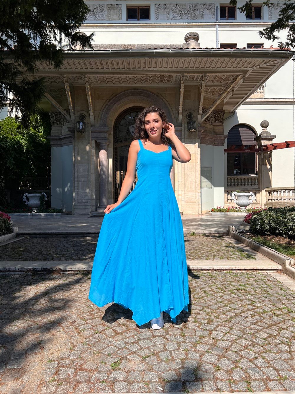 Emel Vual Uzun Elbise Turkuaz Trkz