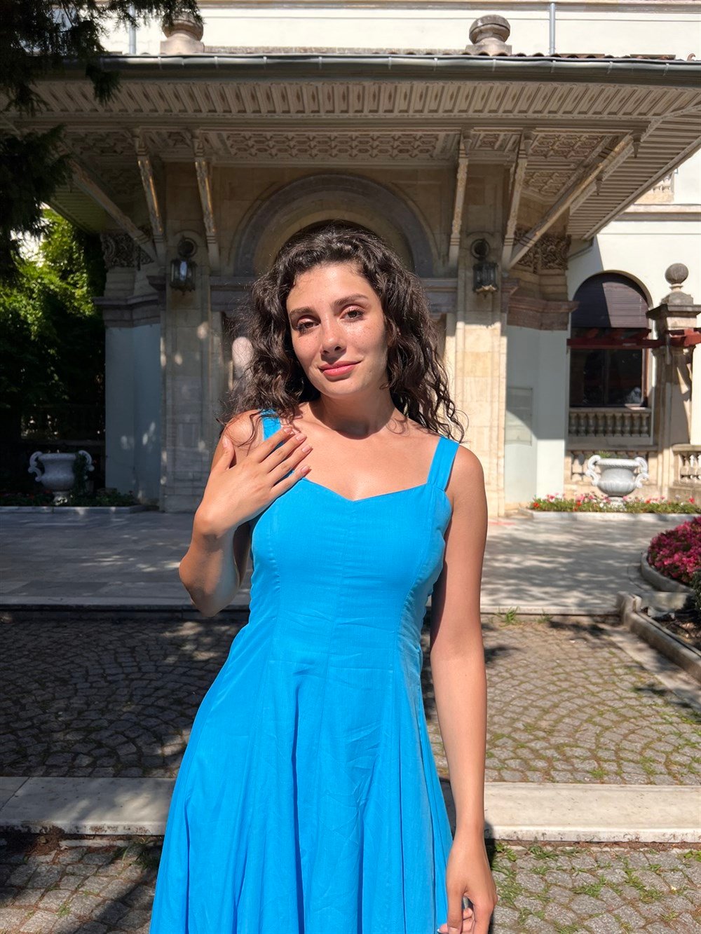 Emel Vual Uzun Elbise Turkuaz Trkz