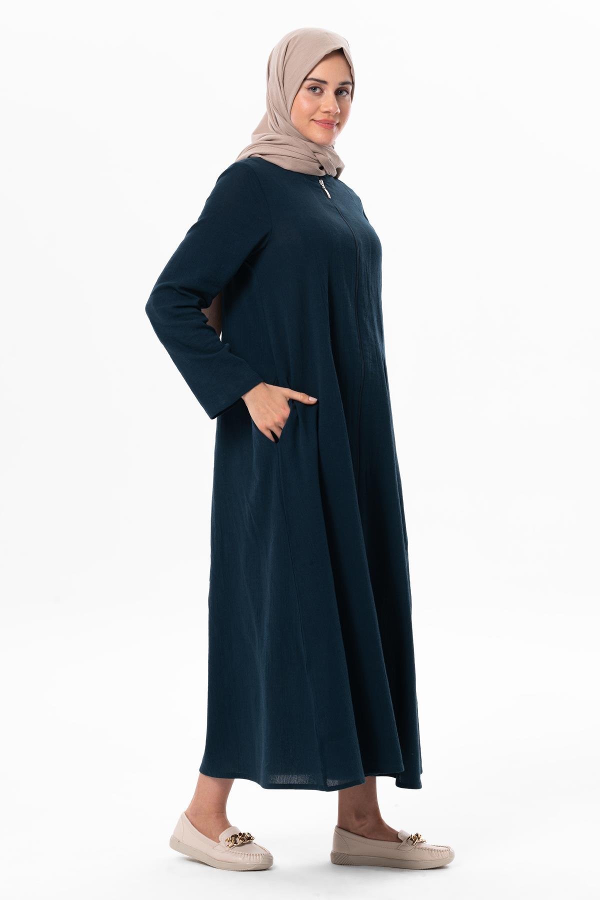 Hicran Şile Bezi Büyük Beden Fermuarlı Mevsimlik ve Yazlık Ferace Petrol Ptrl