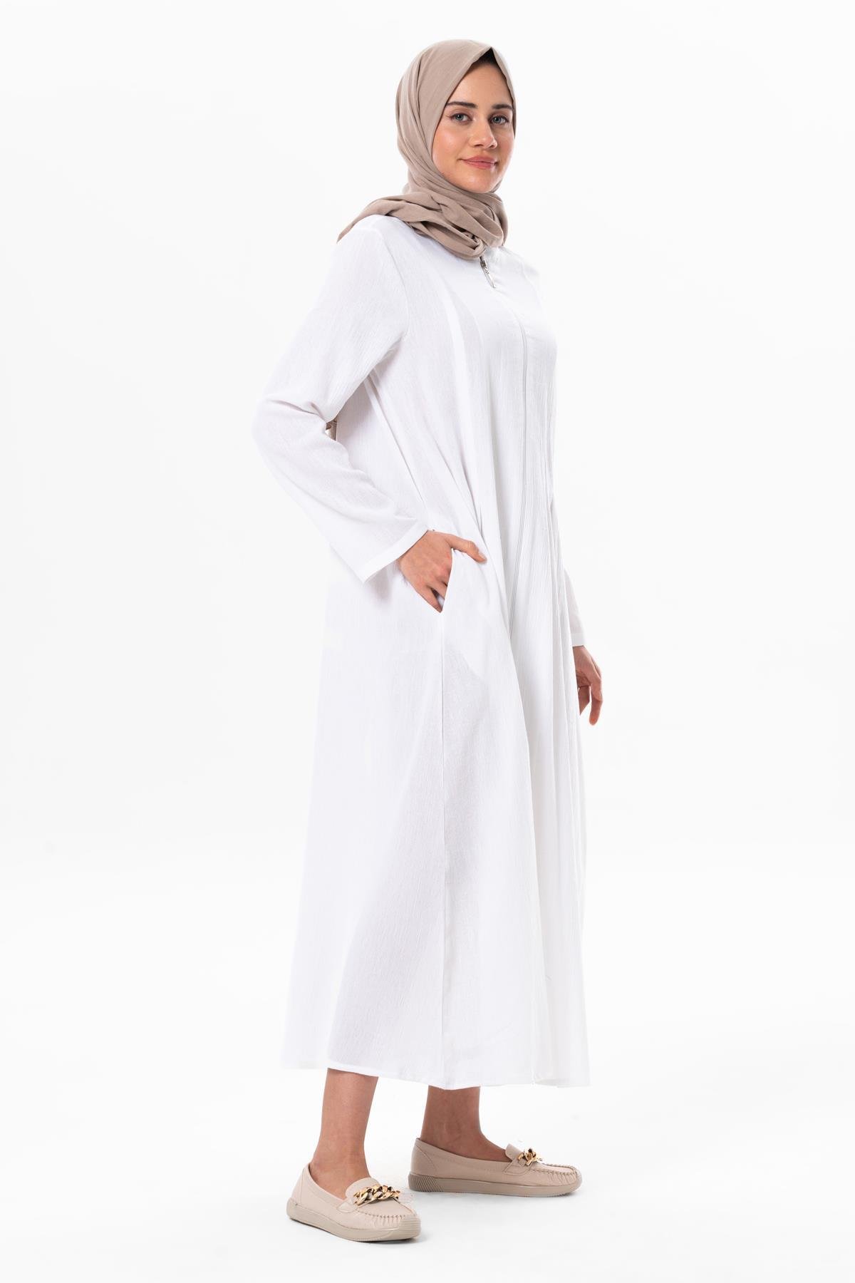 Hicran Şile Bezi Fermuarlı Mevsimlik ve Yazlık Ferace Beyaz Byz