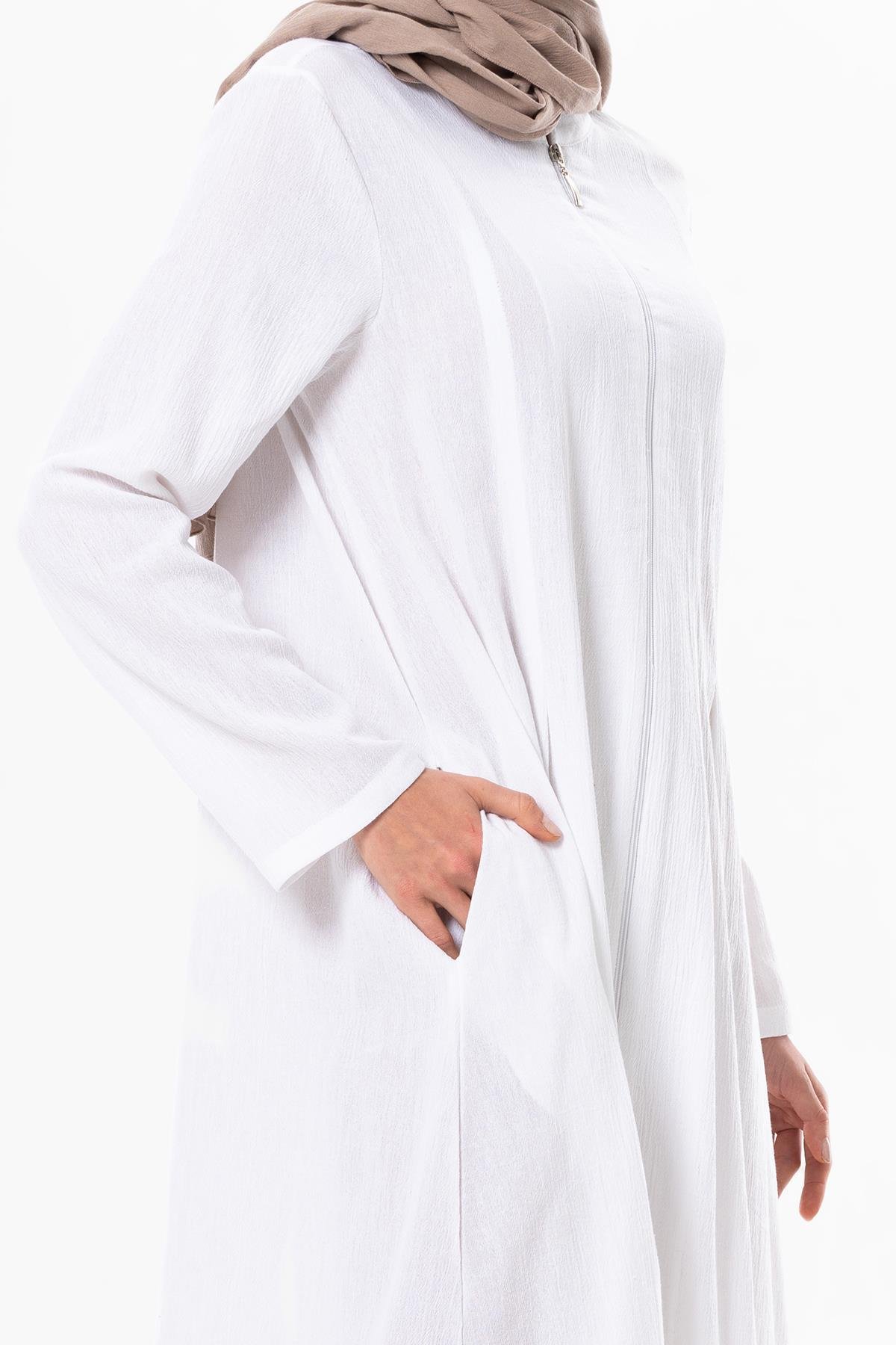 Hicran Şile Bezi Fermuarlı Mevsimlik ve Yazlık Ferace Beyaz Byz