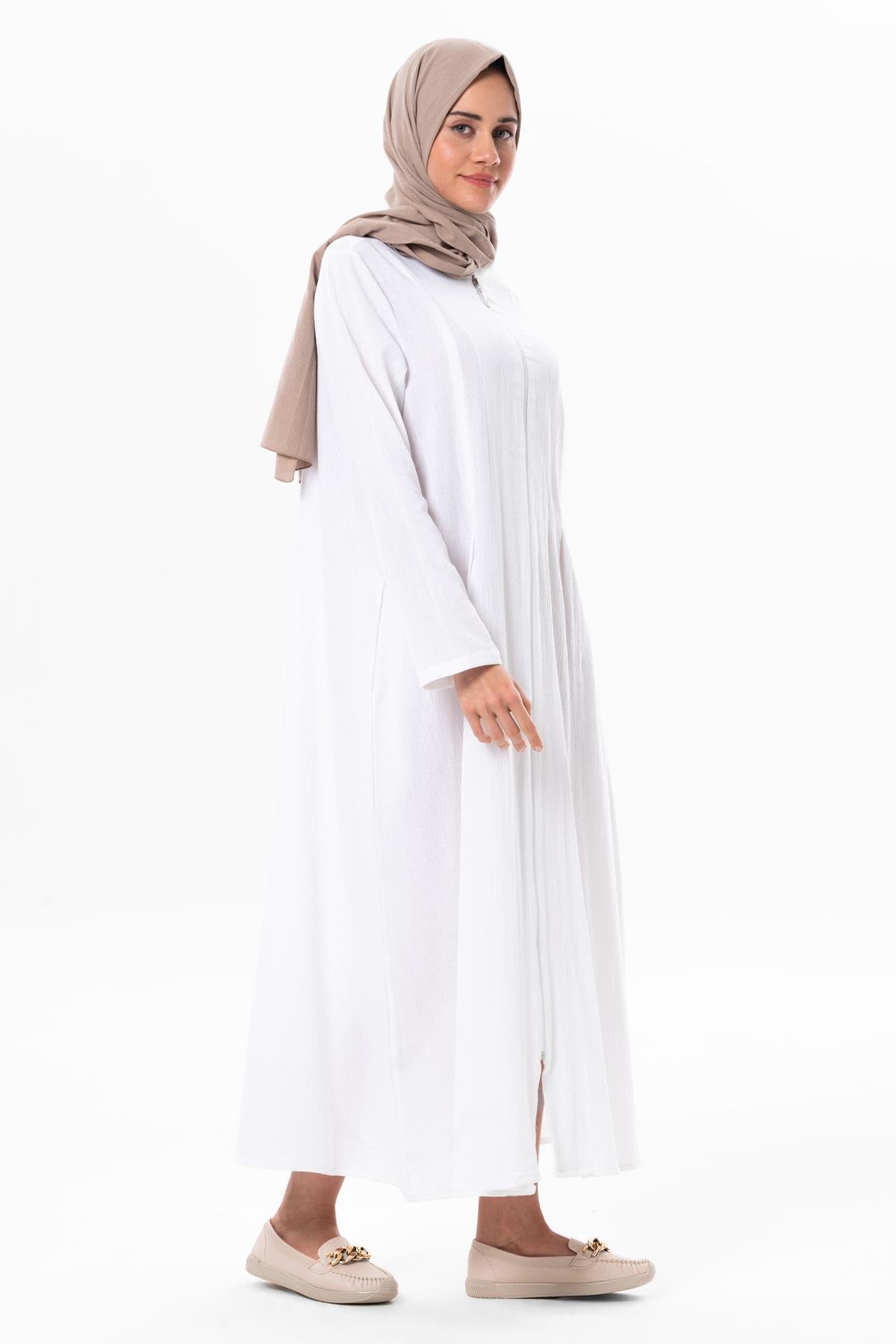 Hicran Şile Bezi Fermuarlı Mevsimlik ve Yazlık Ferace Beyaz Byz