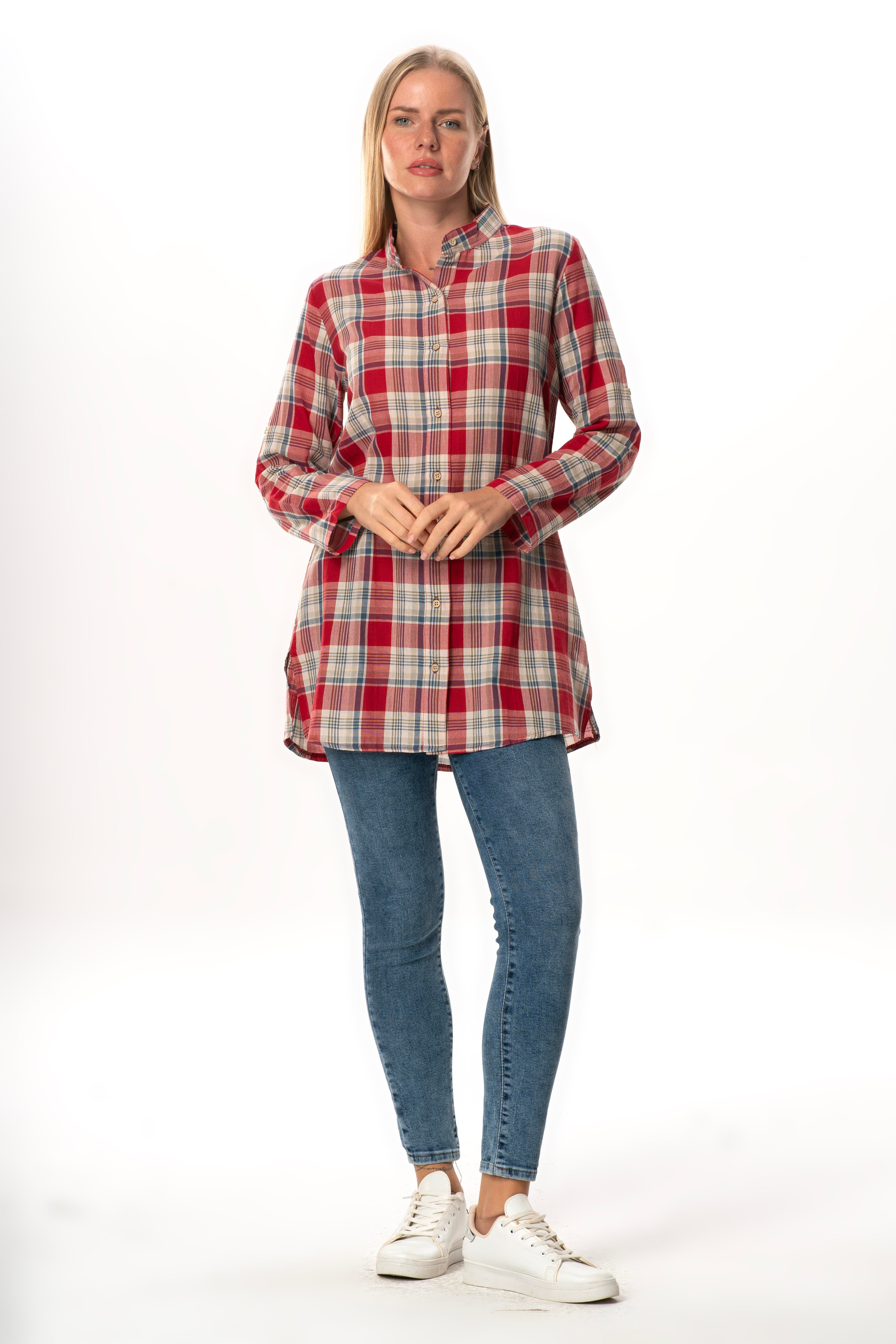 Kadın Şile Bezi Hakim Yaka Yazlık Tunik Kırmızı Lacivert Ekose 3057