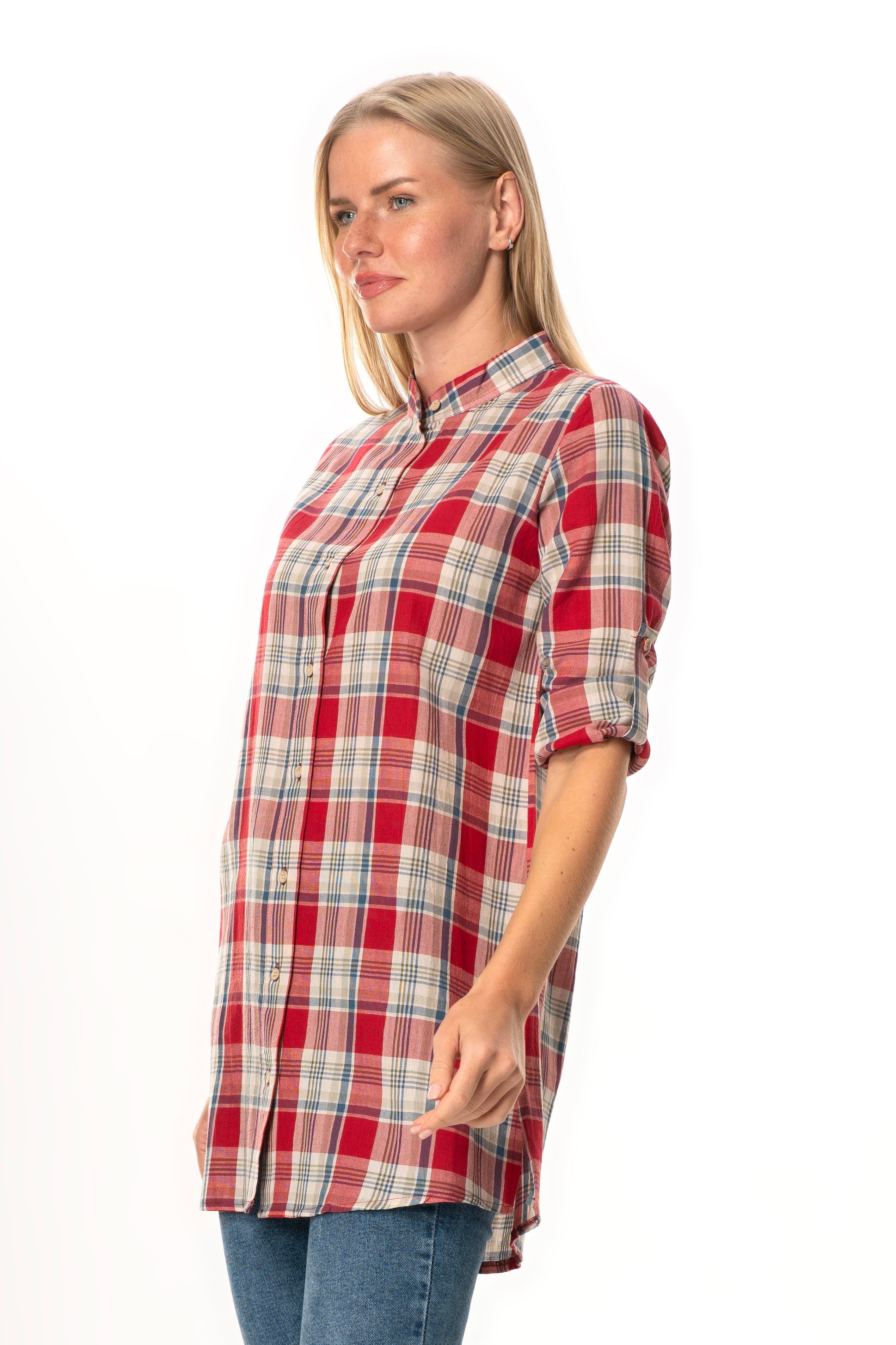 Kadın Şile Bezi Hakim Yaka Yazlık Tunik Kırmızı Lacivert Ekose 3057