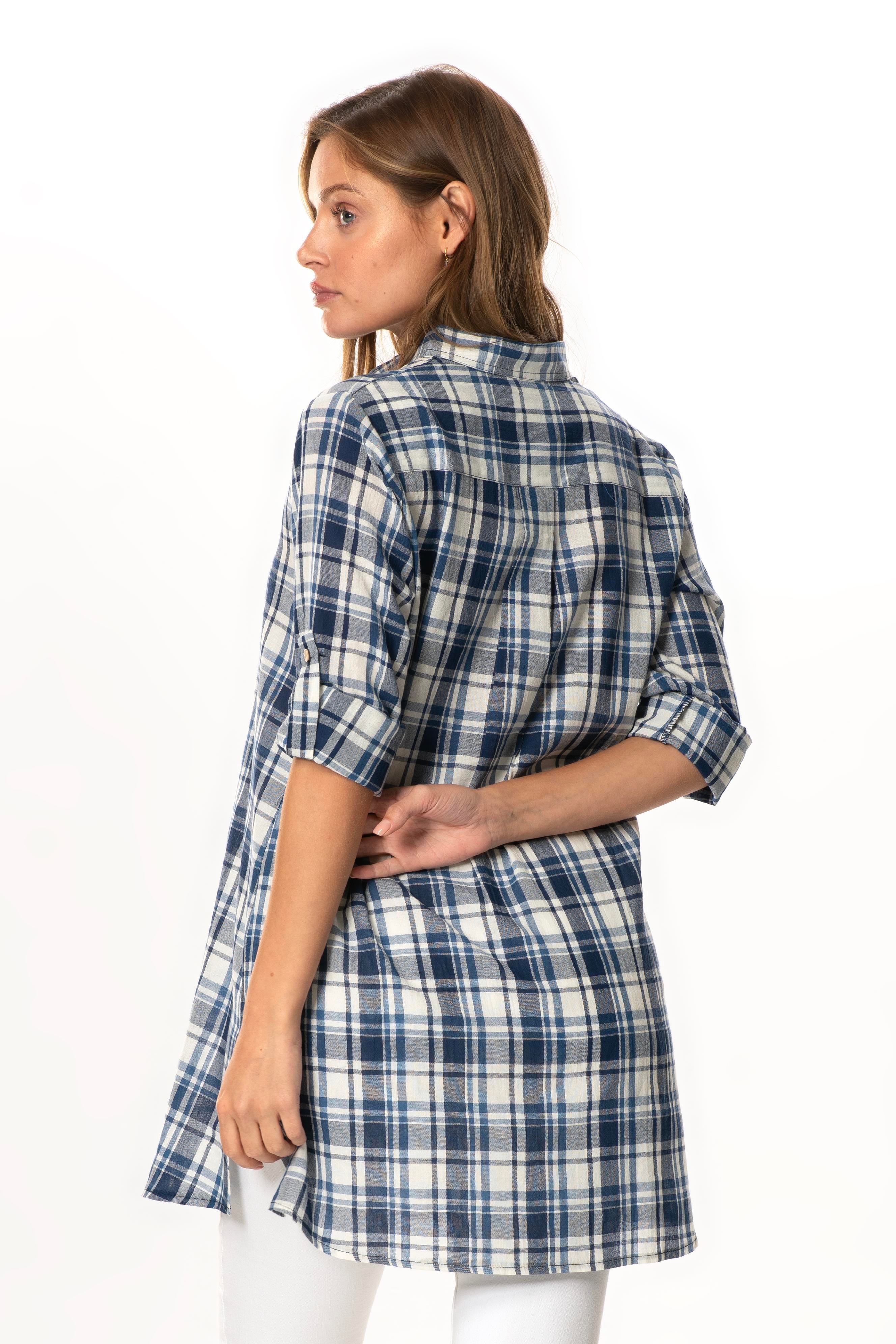 Kadın Şile Bezi Hakim Yaka Yazlık Tunik Lacivert Ekose 3058