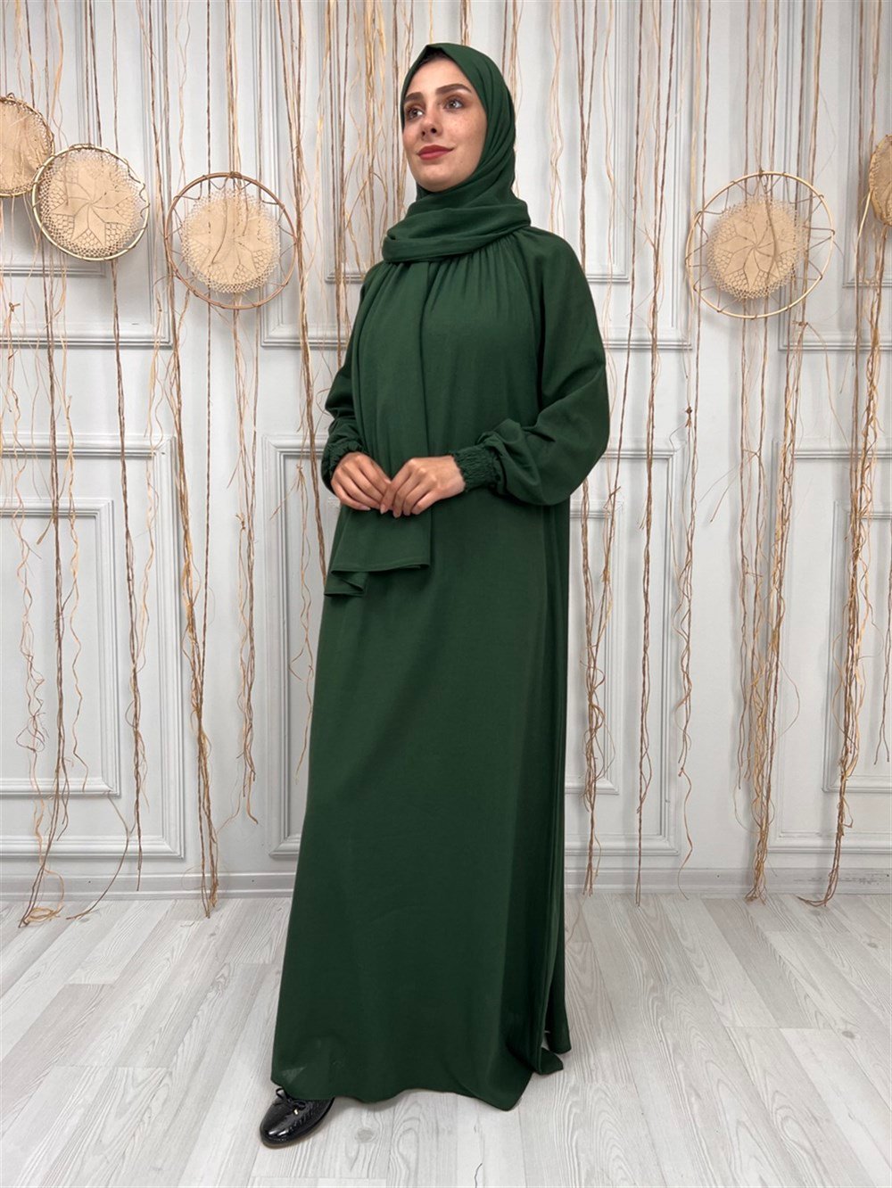 Kadın Şile Bezi Pamuk Namaz Elbisesi Tek Parça Kolay Boydan Giyilen Kolu ve Yakası Lastikli Yeşil Ysl