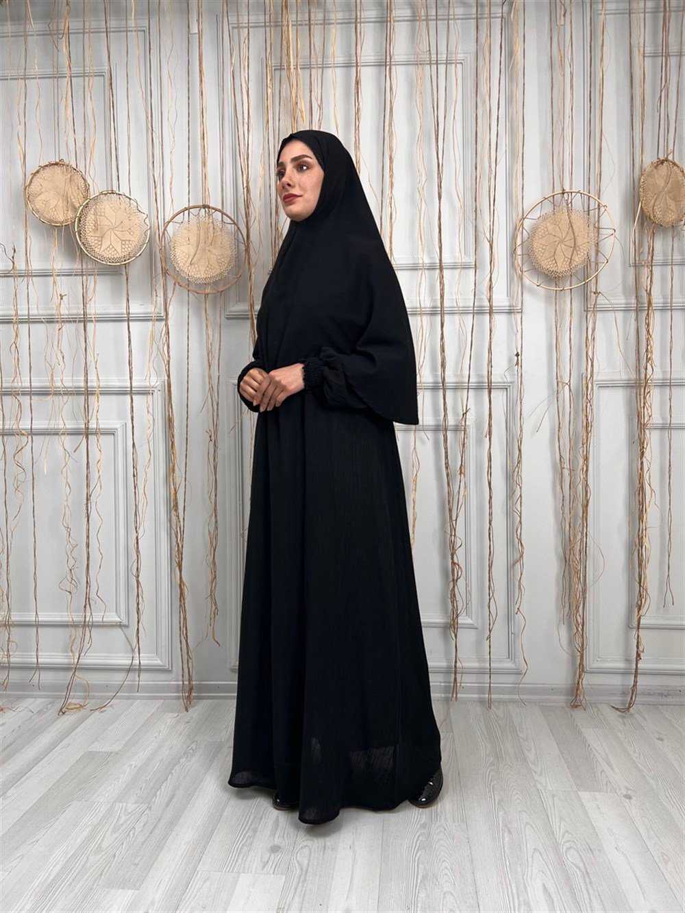 Kadın Şile Bezi Pamuk Namaz Elbisesi Tek Parça Kolay Boydan Giyilen Kolu ve Yakası Lastikli Siyah Syh