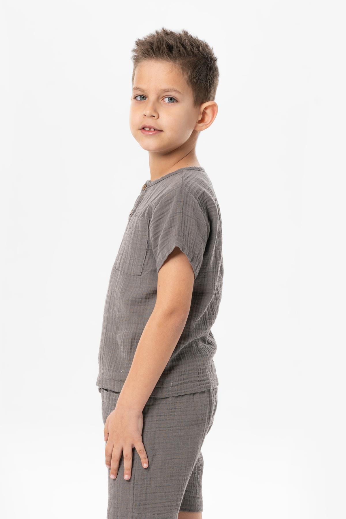 Kısa Kol Batı Cep Detaylı Yazlık Müslin Çocuk Tshirt Gri Gri