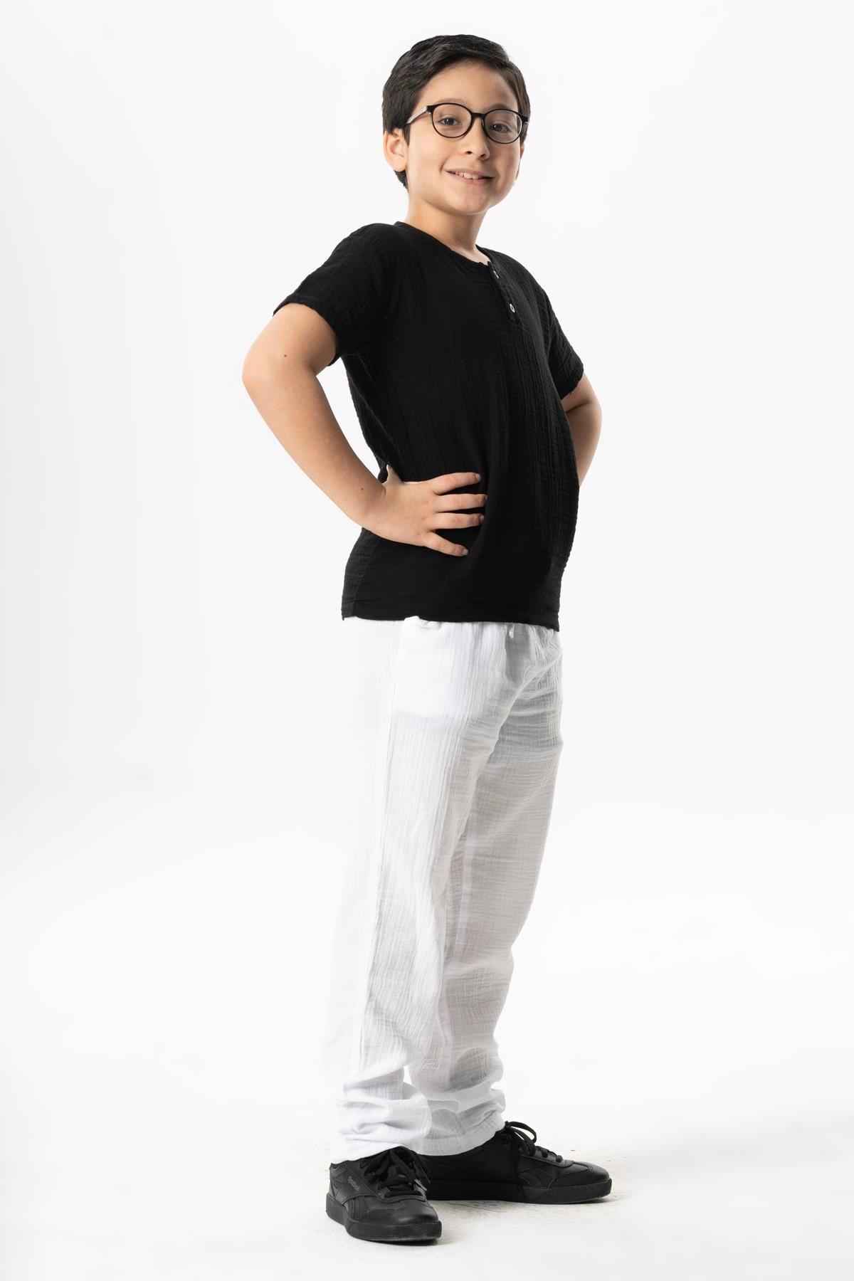 Kısa Kol Batı Cep Detaylı Yazlık Müslin Erkek Çocuk Tshirt Siyah Syh