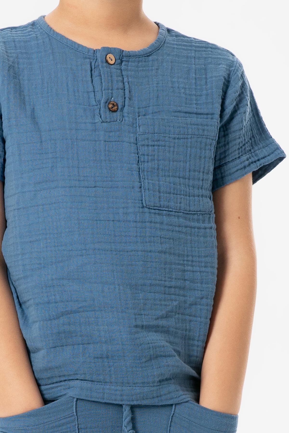 Kısa Kol Batı Cep Detaylı Yazlık Müslin Erkek Çocuk Tshirt İndigo indg