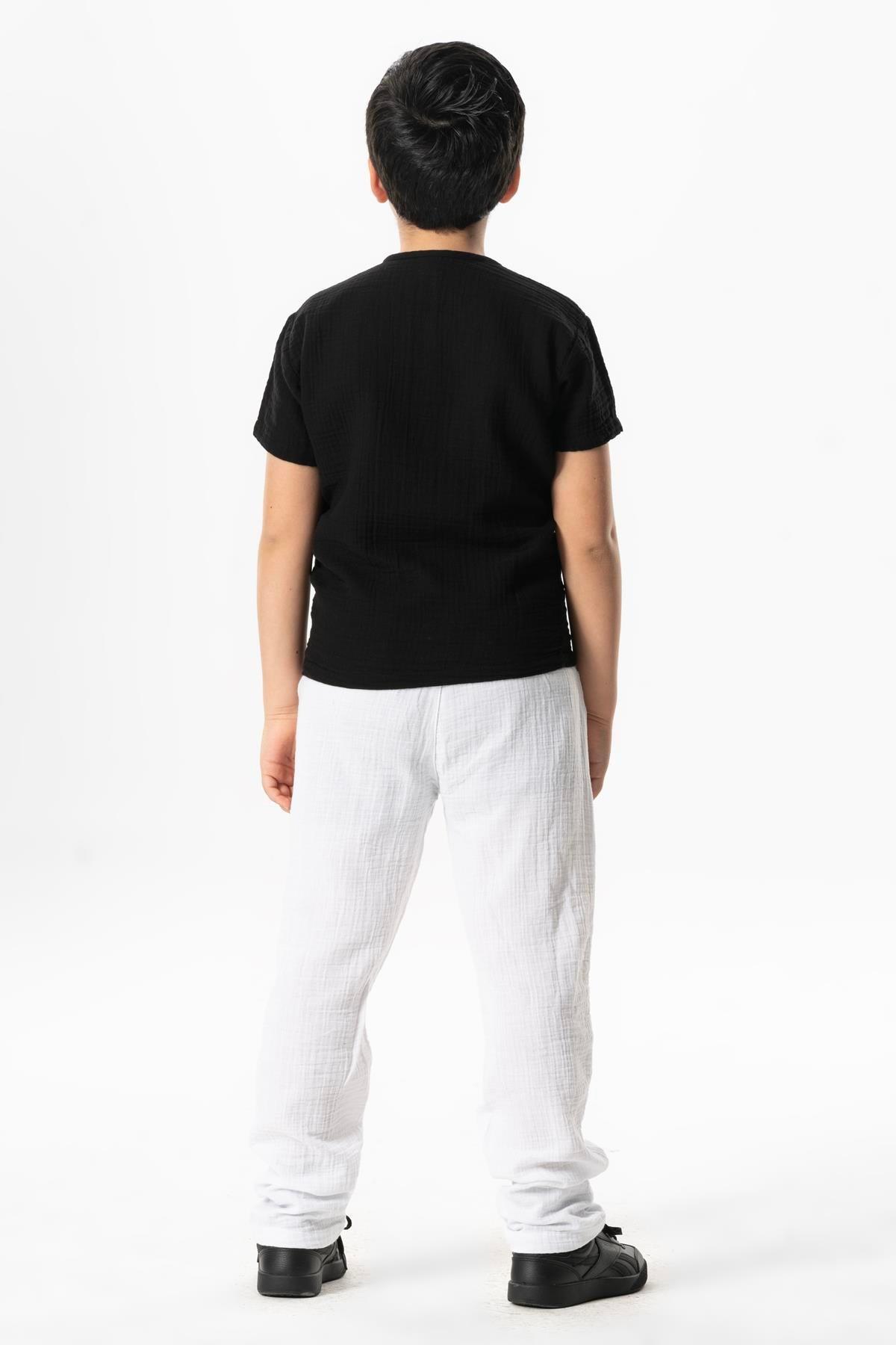 Kısa Kol Batı Cep Detaylı Yazlık Müslin Erkek Çocuk Tshirt Siyah Syh