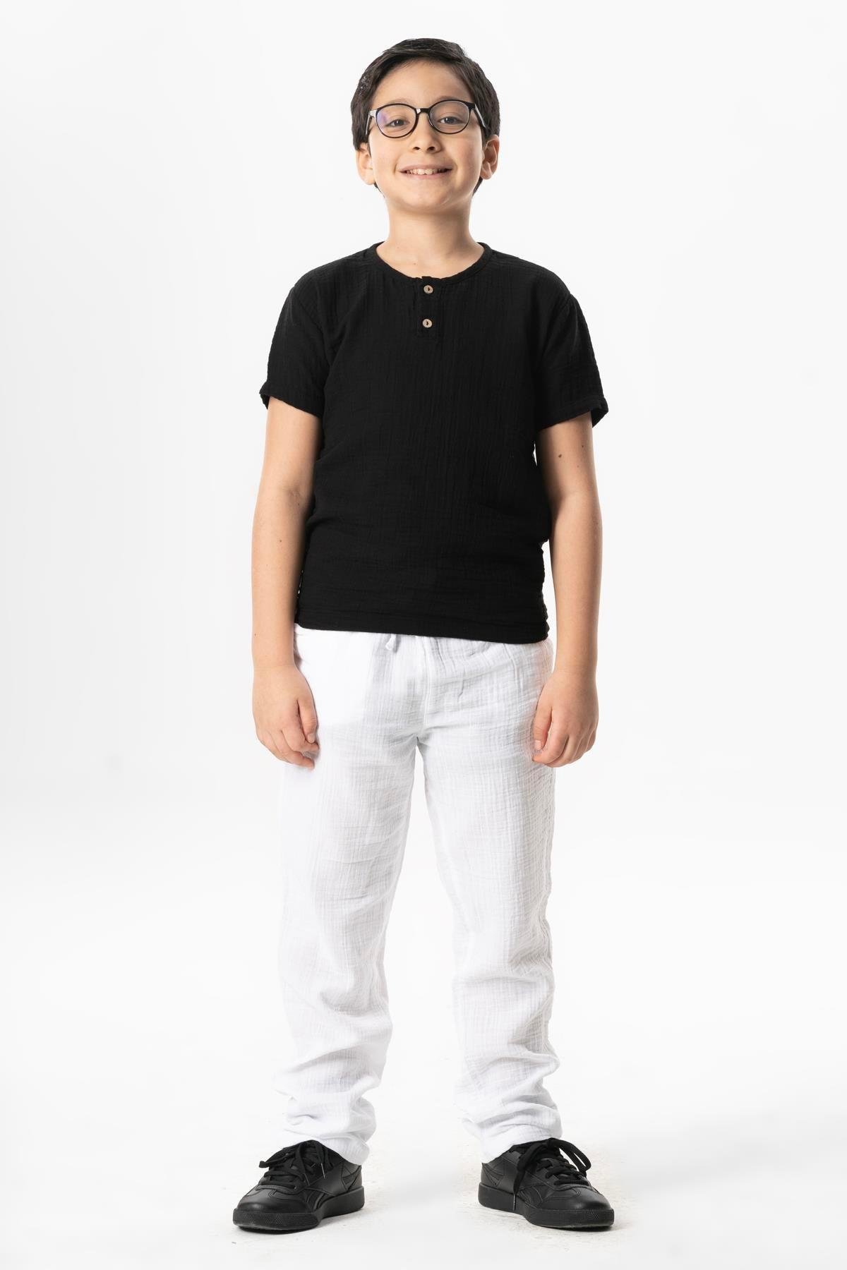 Kısa Kol Batı Cep Detaylı Yazlık Müslin Erkek Çocuk Tshirt Siyah Syh