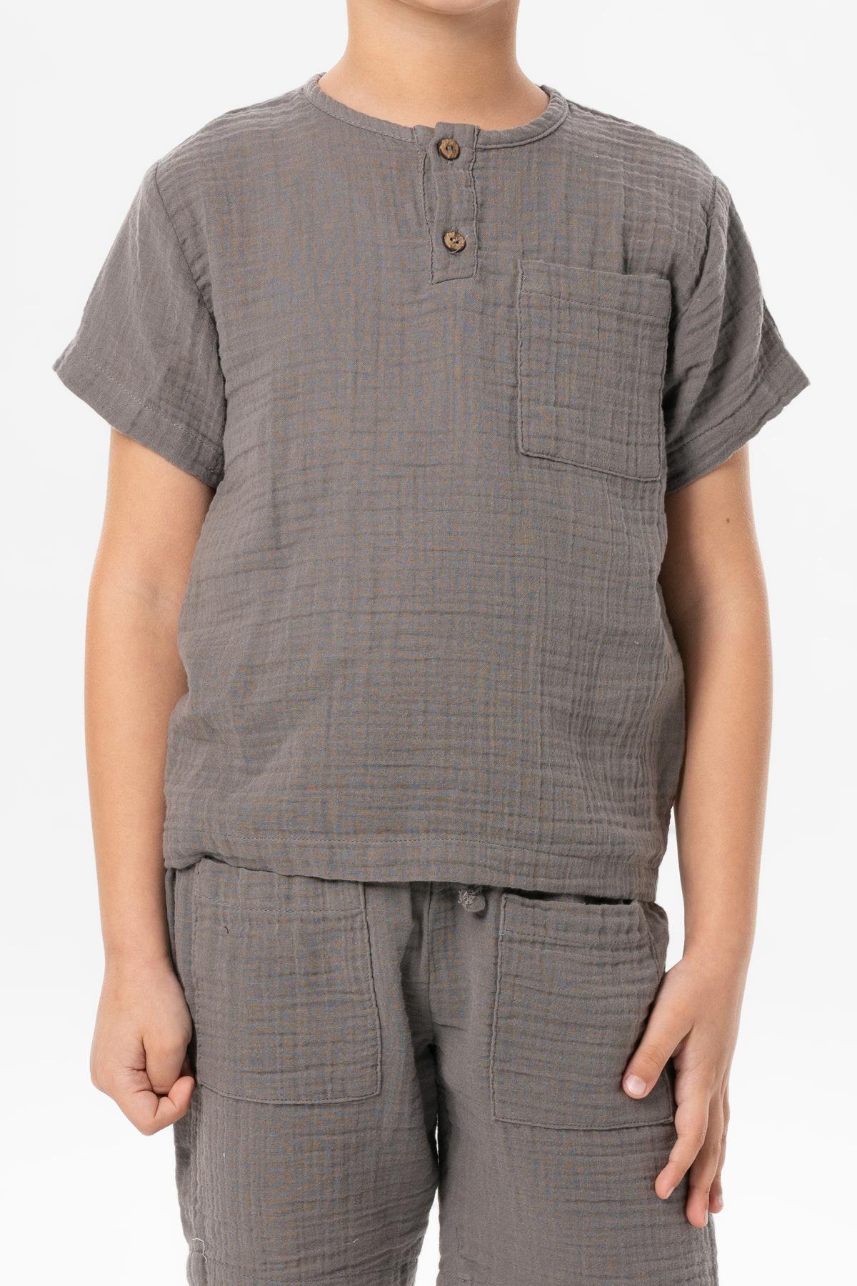 Kısa Kol Batı Cep Detaylı Yazlık Müslin Çocuk Tshirt Gri Gri