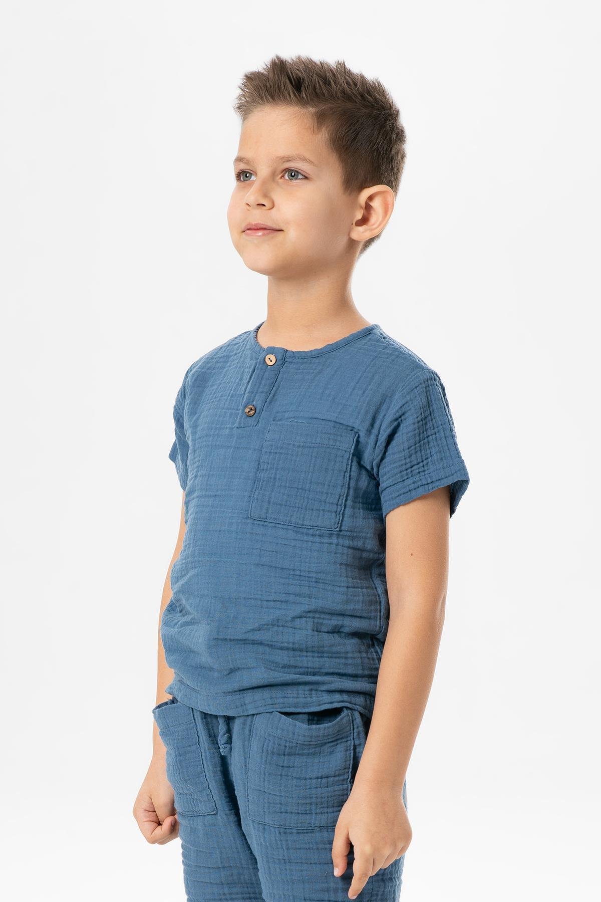 Kısa Kol Batı Cep Detaylı Yazlık Müslin Erkek Çocuk Tshirt İndigo indg