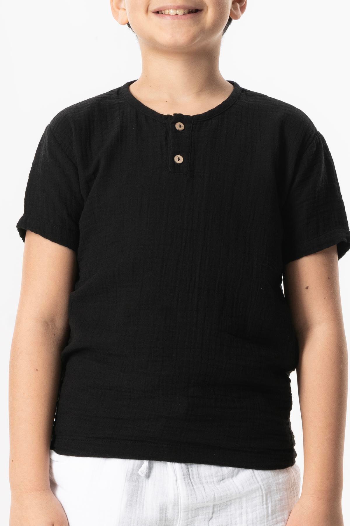 Kısa Kol Batı Cep Detaylı Yazlık Müslin Erkek Çocuk Tshirt Siyah Syh