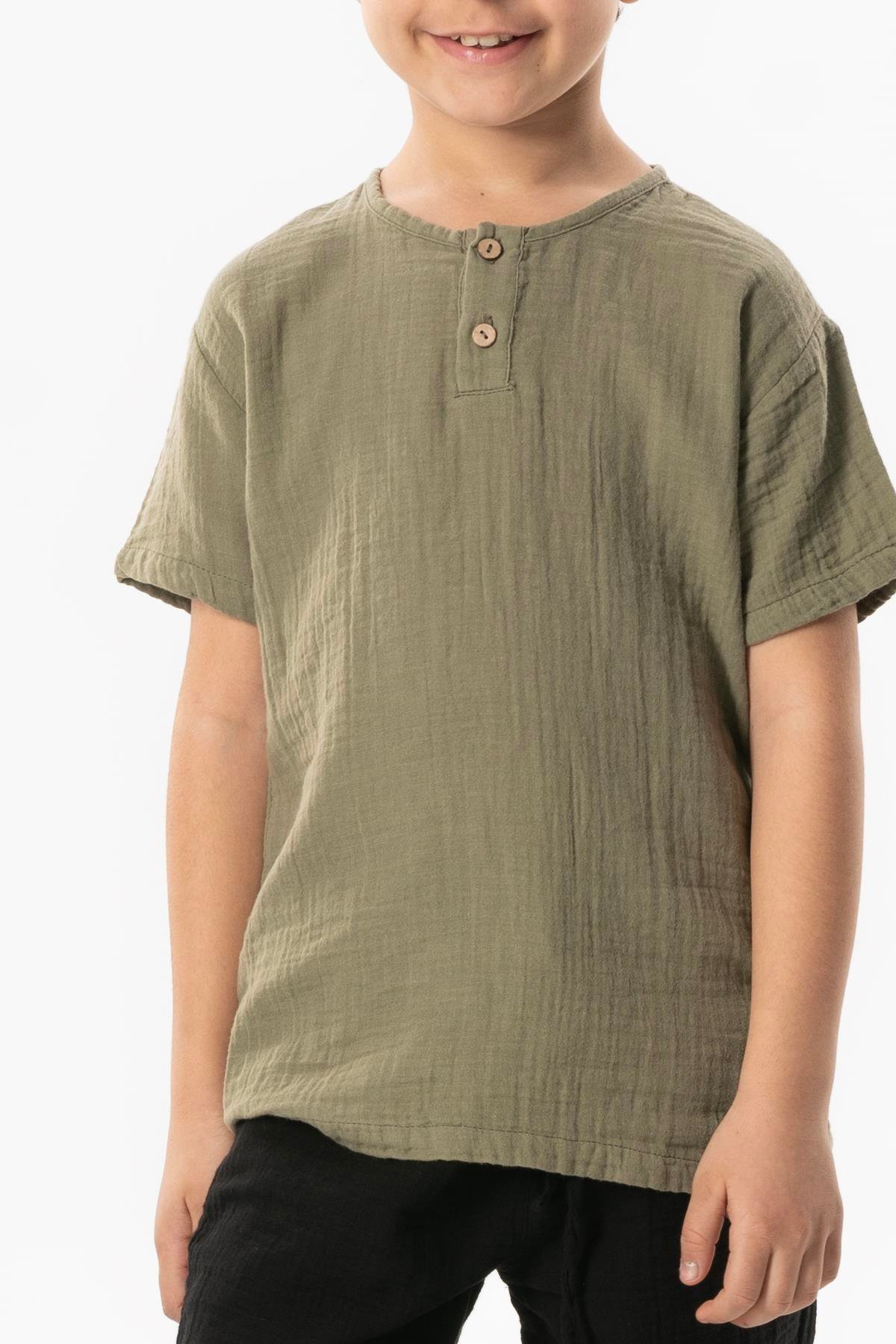 Kısa Kol Batı Cep Detaylı Yazlık Müslin Erkek Çocuk Tshirt Haki Hk