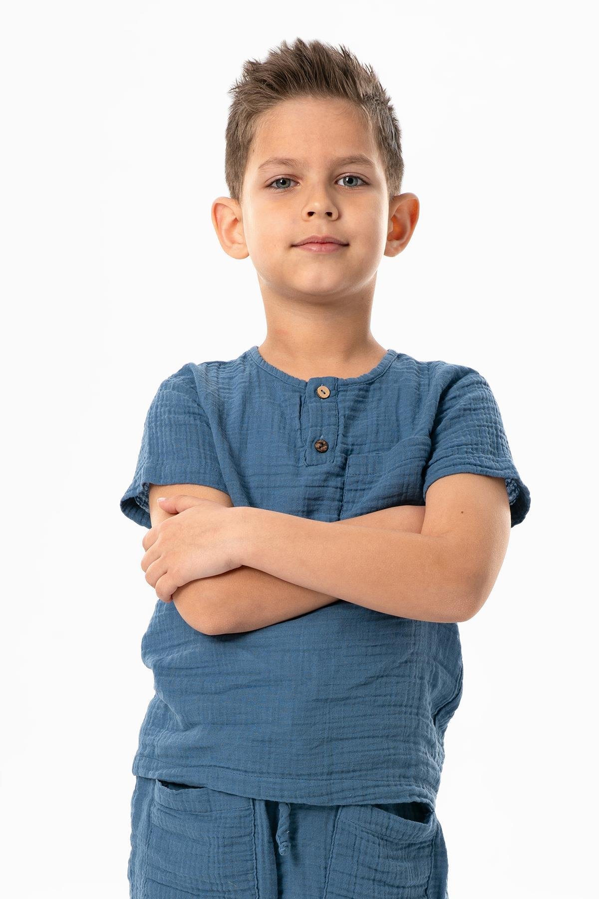 Kısa Kol Batı Cep Detaylı Yazlık Müslin Erkek Çocuk Tshirt İndigo indg
