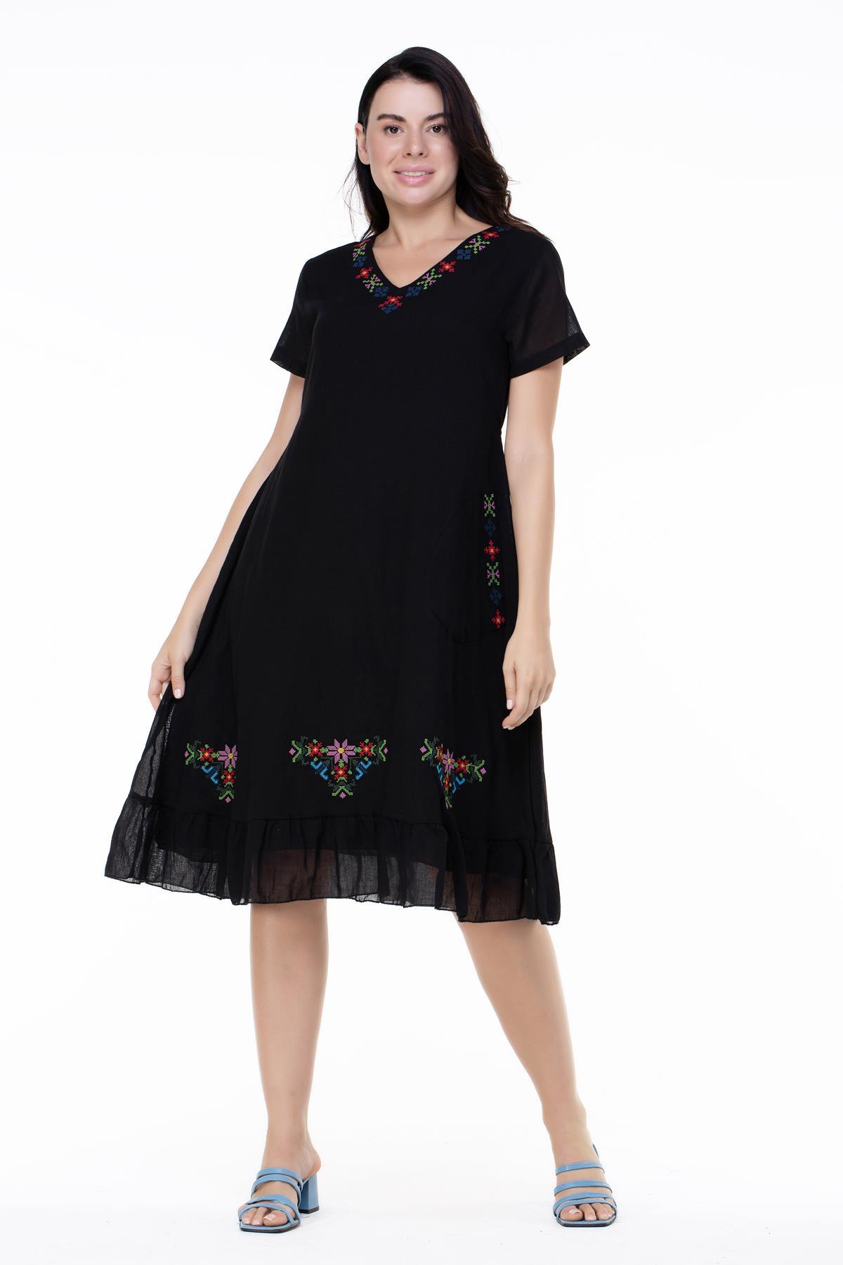 Kısa Kol Büyük Beden Mehtap Şile Bezi Nakış Detaylı Midi Boy Yazlık Otantik Elbise Siyah Syh