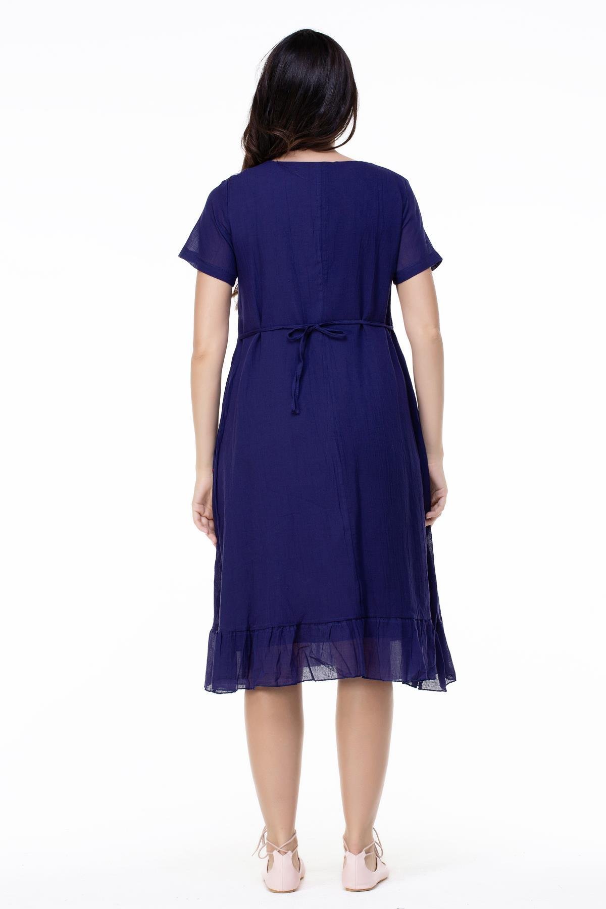 Kısa Kol Büyük Beden Mehtap Şile Bezi Nakış Detaylı Midi Boy Yazlık Otantik Elbise Mor Mor