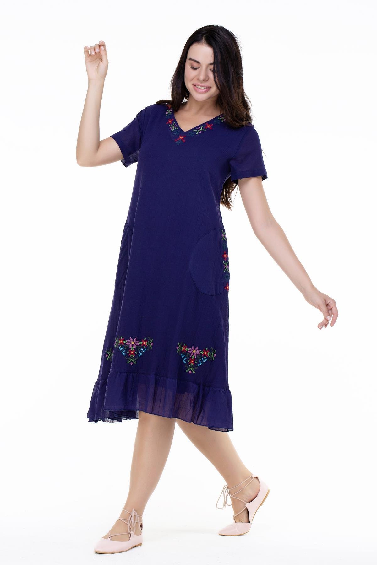 Kısa Kol Büyük Beden Mehtap Şile Bezi Nakış Detaylı Midi Boy Yazlık Otantik Elbise Mor Mor