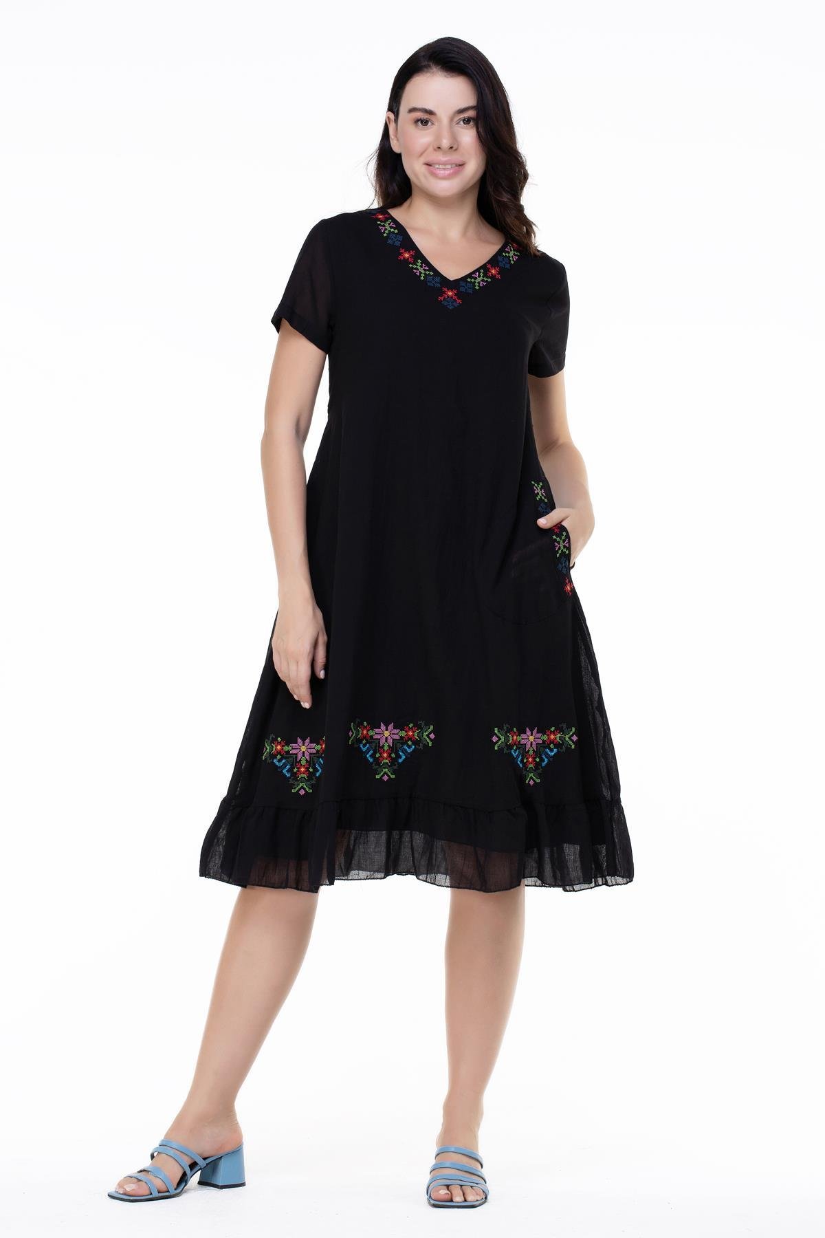 Kısa Kol Büyük Beden Mehtap Şile Bezi Nakış Detaylı Midi Boy Yazlık Otantik Elbise Siyah Syh